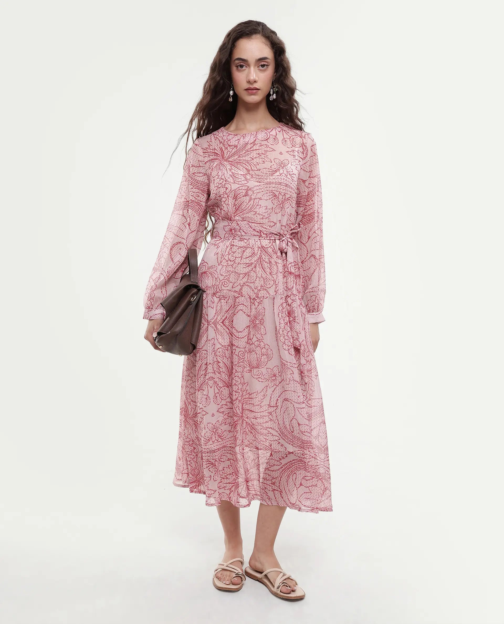 Rareism Women's Polima Multi Cotton Round Neck Abstract Print Bishop Sleeve Midi Flared Dress