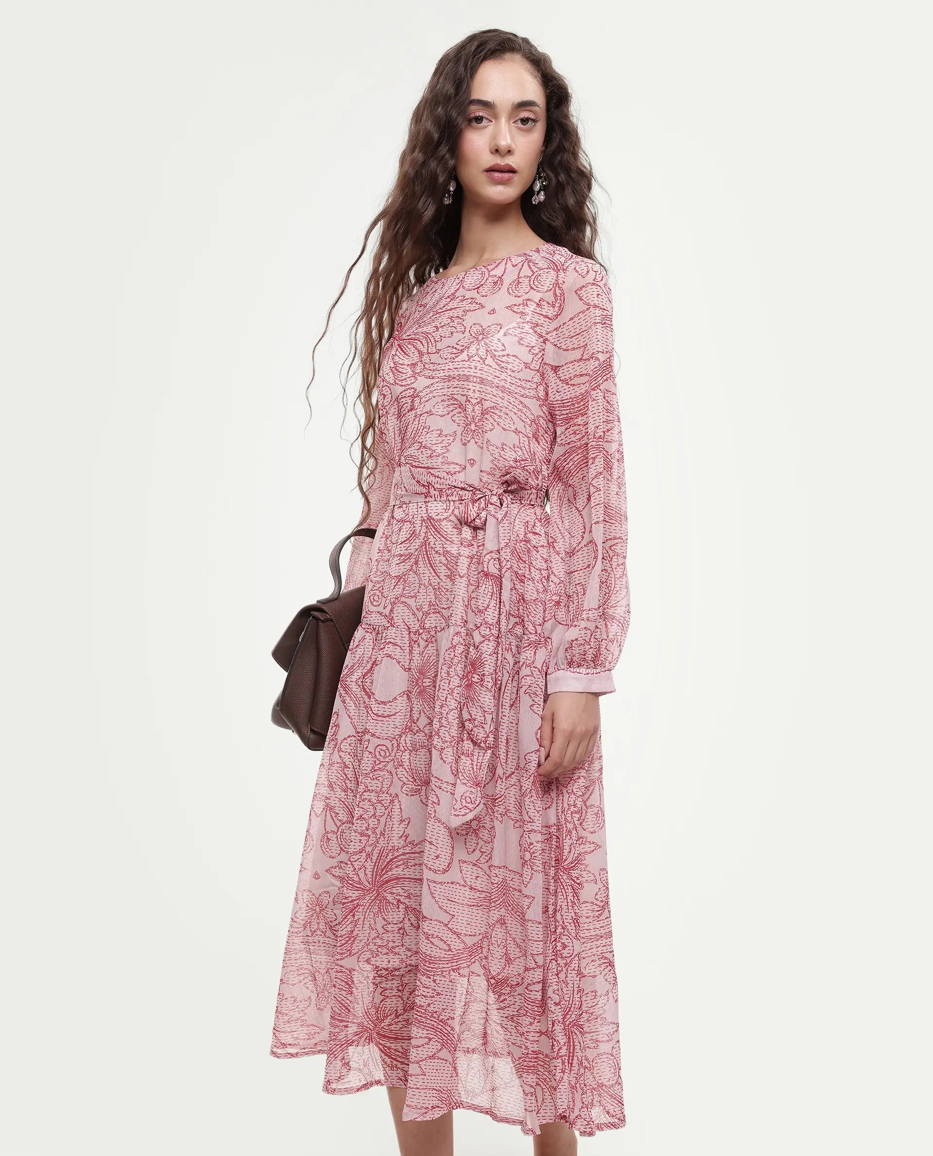 Rareism Women's Polima Multi Cotton Round Neck Abstract Print Bishop Sleeve Midi Flared Dress