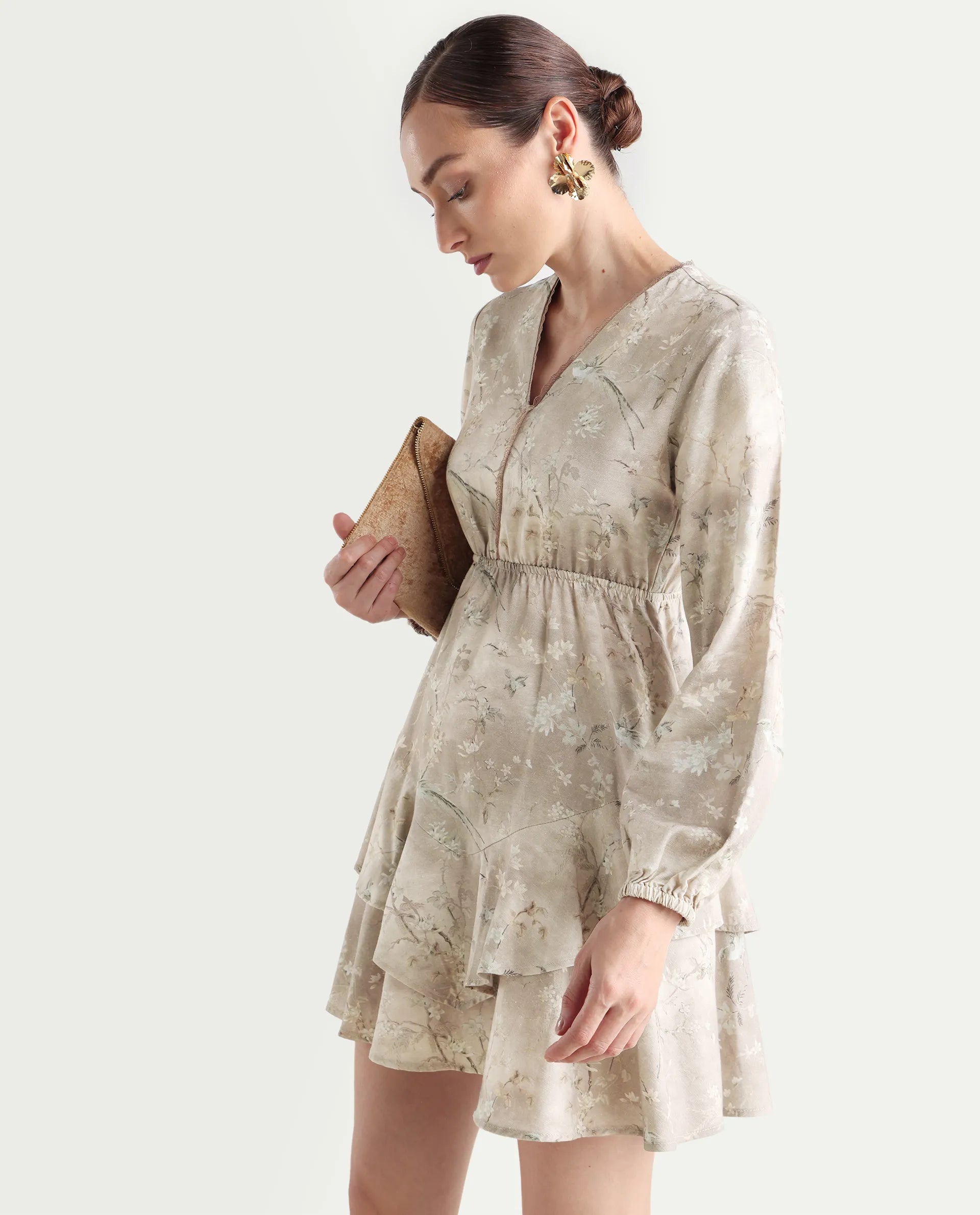 Rareism Women's Wesdure Beige Rayon V-Neck Floral Print Bishop Sleeve Knee Length Fit And Flare Dress