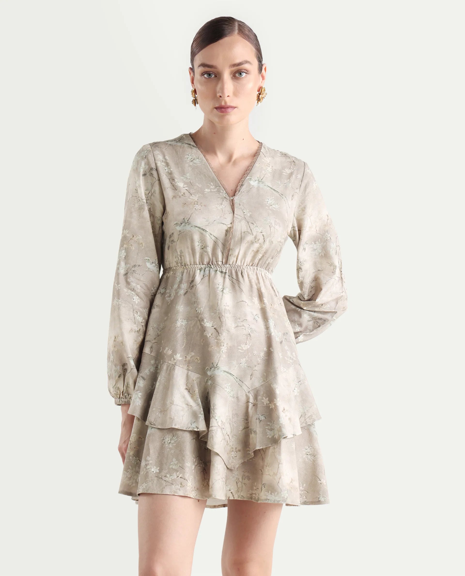 Rareism Women's Wesdure Beige Rayon V-Neck Floral Print Bishop Sleeve Knee Length Fit And Flare Dress