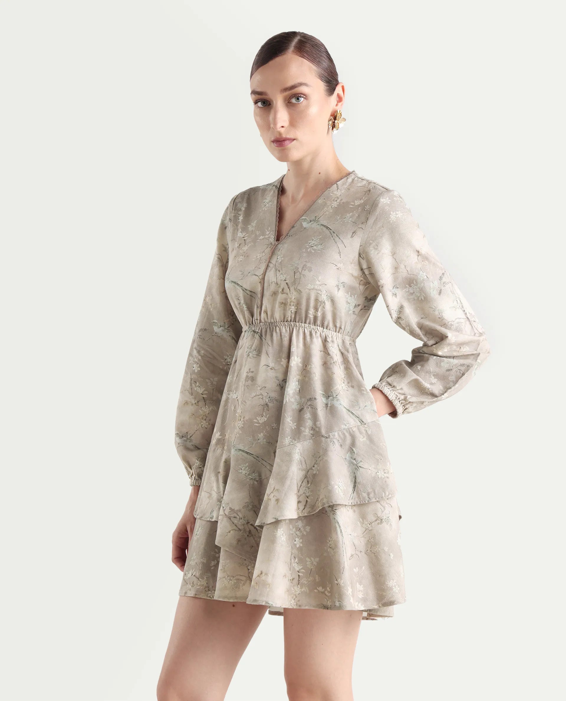 Rareism Women's Wesdure Beige Rayon V-Neck Floral Print Bishop Sleeve Knee Length Fit And Flare Dress