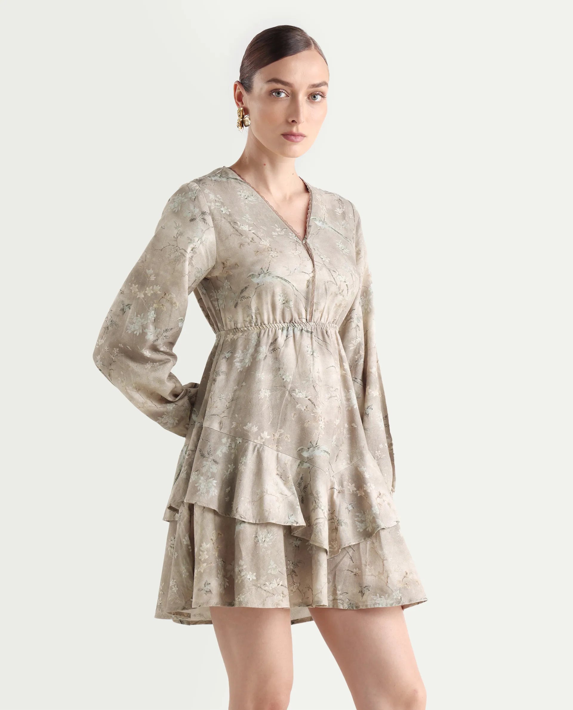 Rareism Women's Wesdure Beige Rayon V-Neck Floral Print Bishop Sleeve Knee Length Fit And Flare Dress