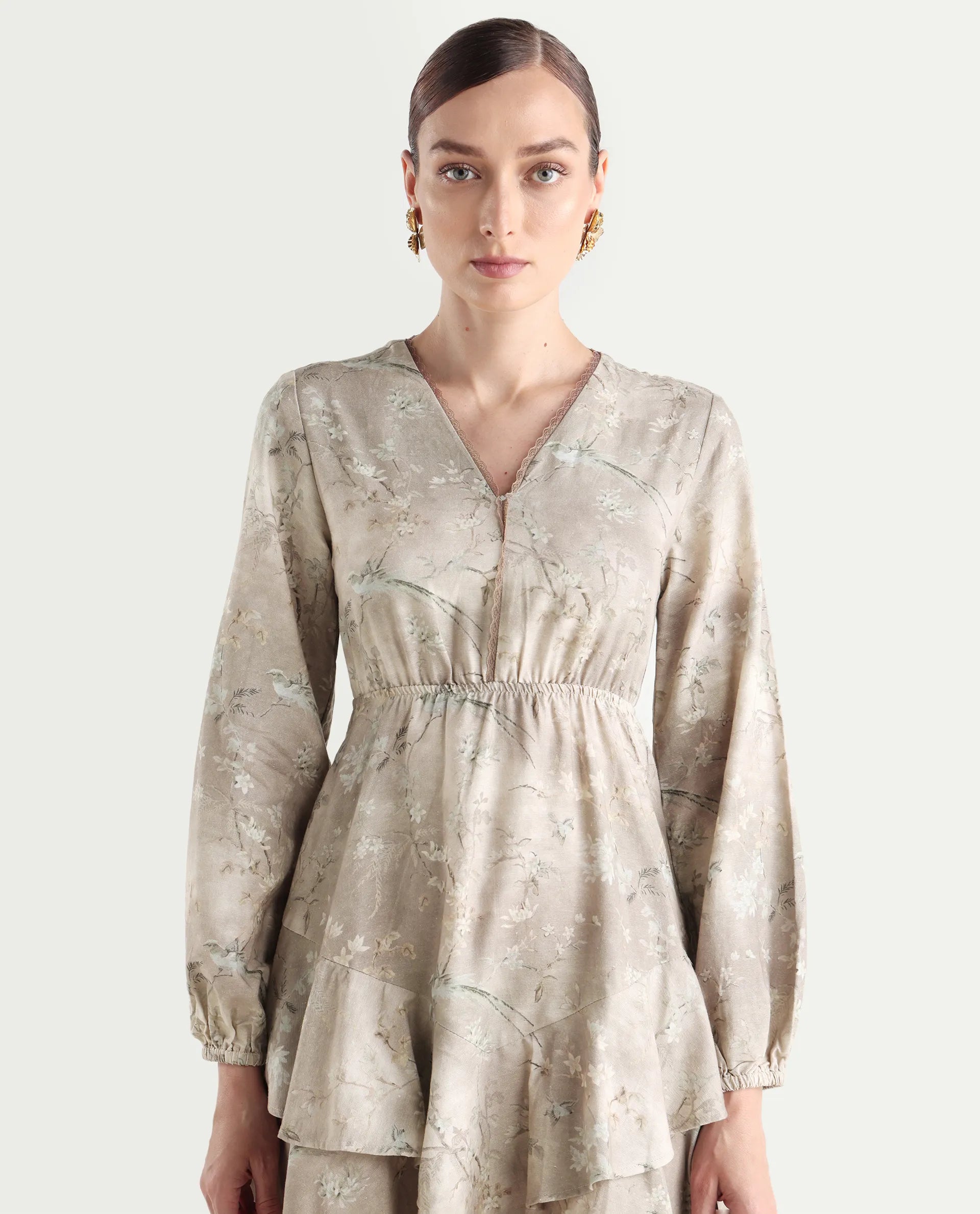 Rareism Women's Wesdure Beige Rayon V-Neck Floral Print Bishop Sleeve Knee Length Fit And Flare Dress