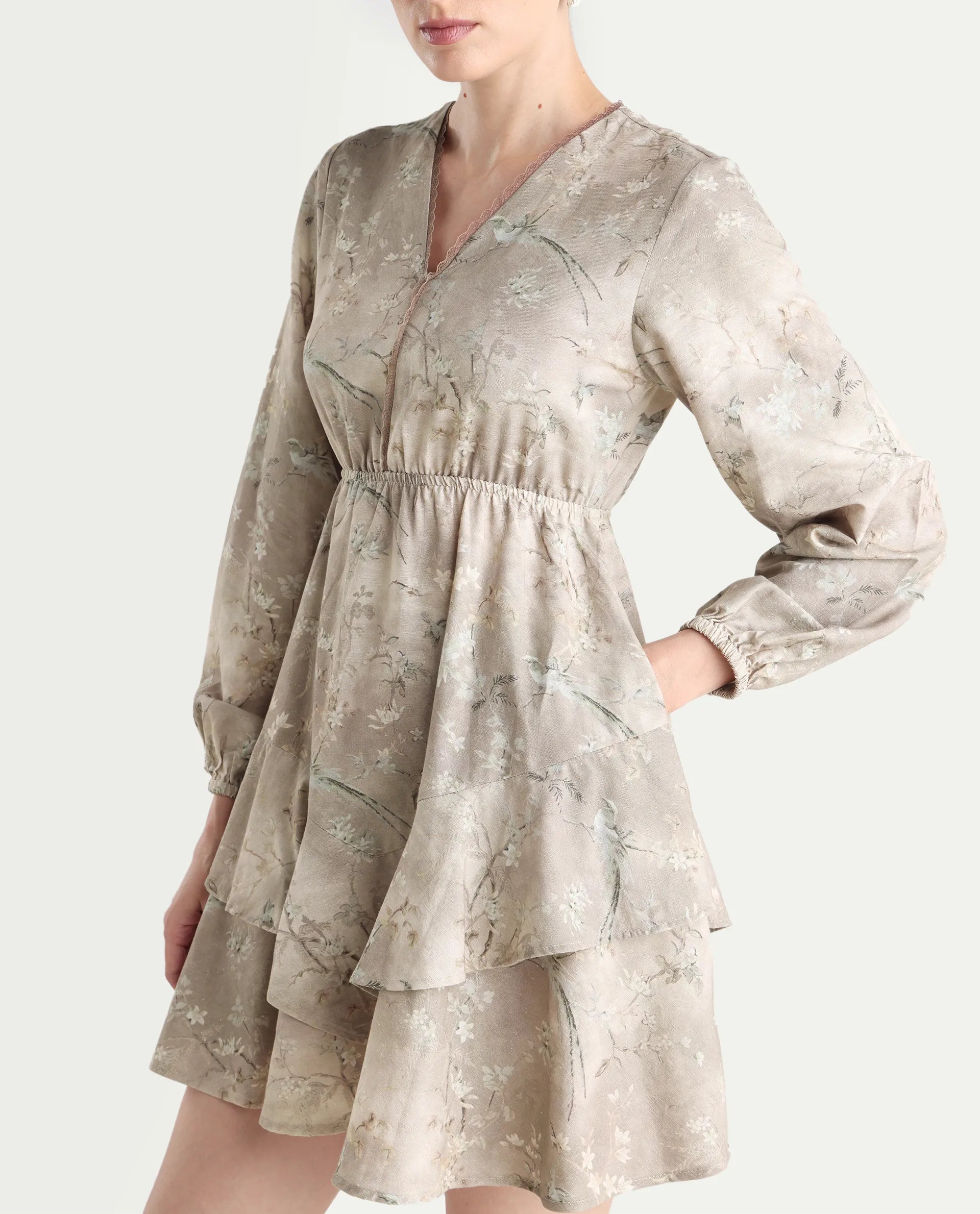 Rareism Women's Wesdure Beige Rayon V-Neck Floral Print Bishop Sleeve Knee Length Fit And Flare Dress