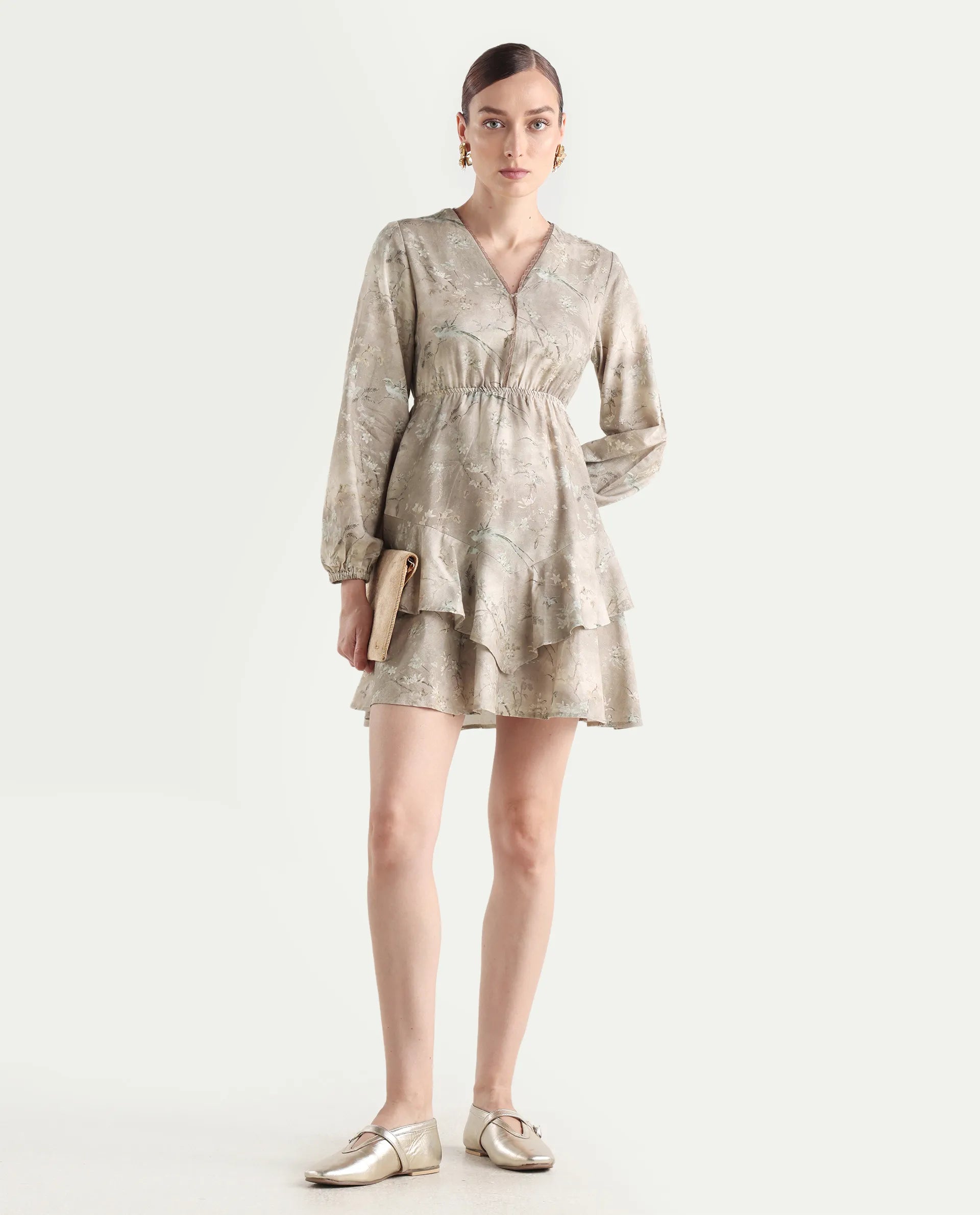 Rareism Women's Wesdure Beige Rayon V-Neck Floral Print Bishop Sleeve Knee Length Fit And Flare Dress