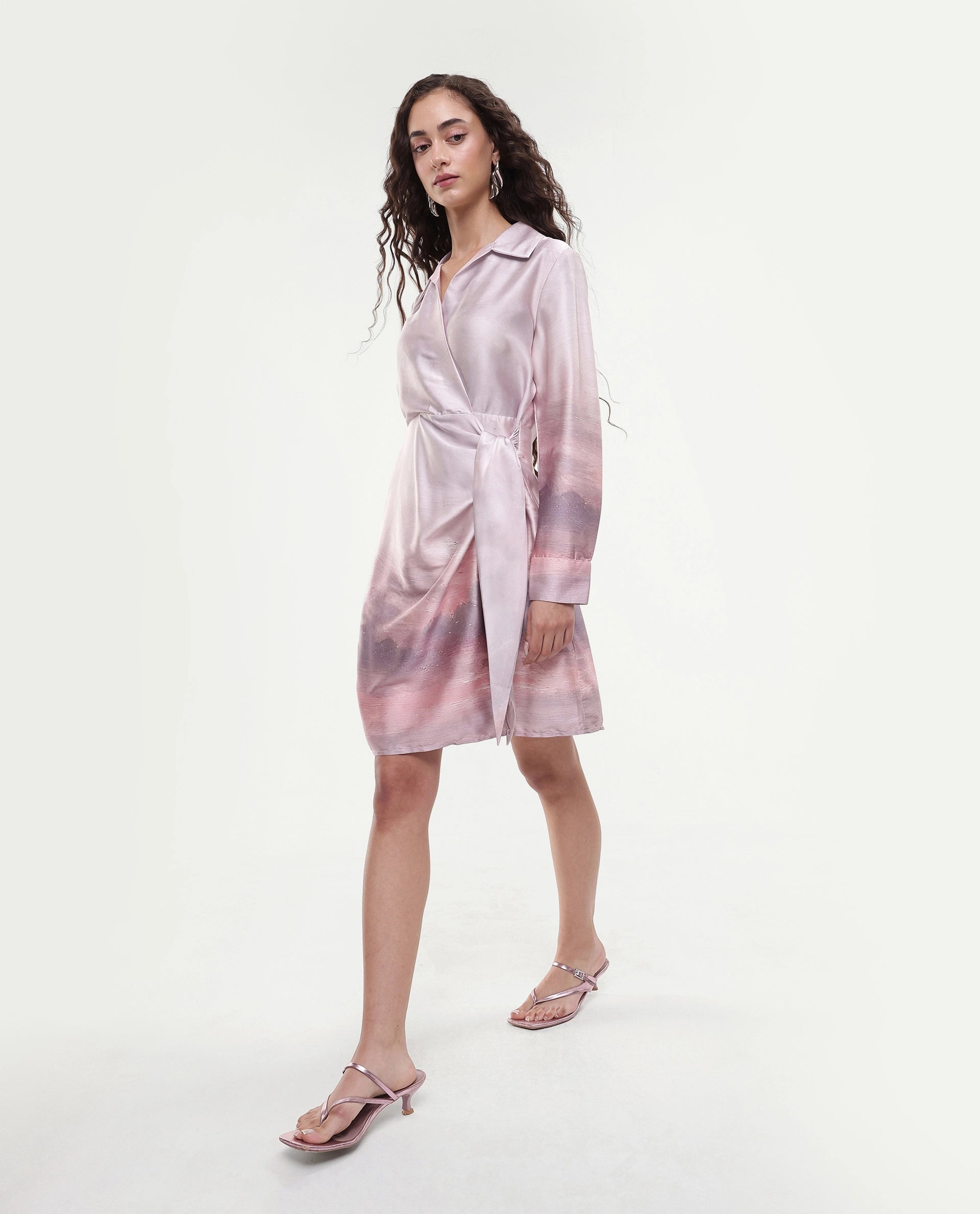 Rareism Women's Qert Dusky Multi Satin Johnny Collar Abstract Print Cuffed Sleeve Mini Straight Fit Dress