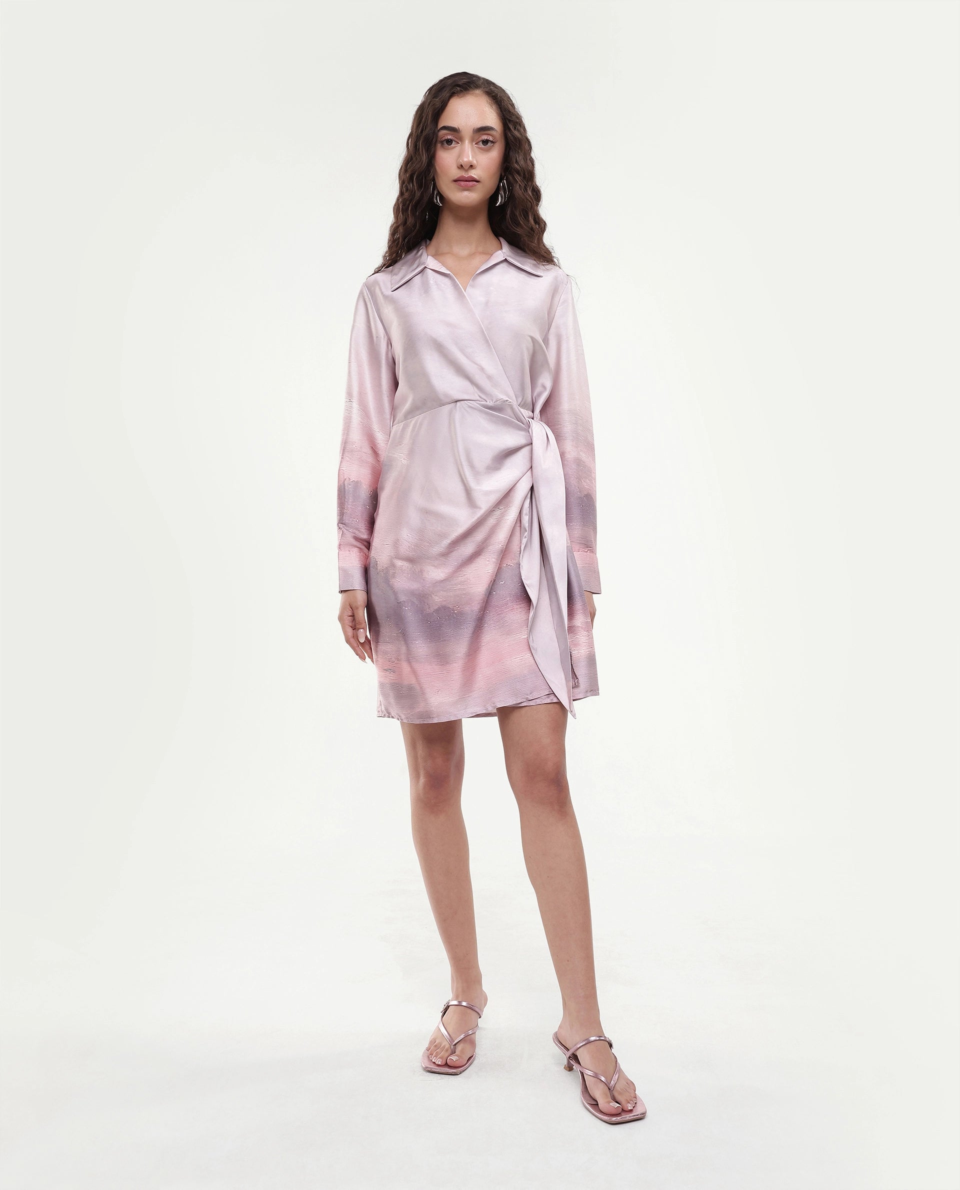 Rareism Women's Qert Dusky Multi Satin Johnny Collar Abstract Print Cuffed Sleeve Mini Straight Fit Dress