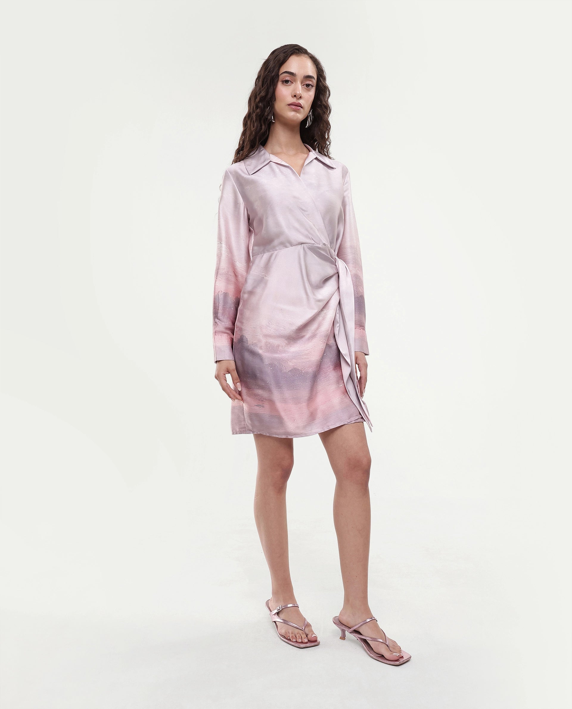 Rareism Women's Qert Dusky Multi Satin Johnny Collar Abstract Print Cuffed Sleeve Mini Straight Fit Dress