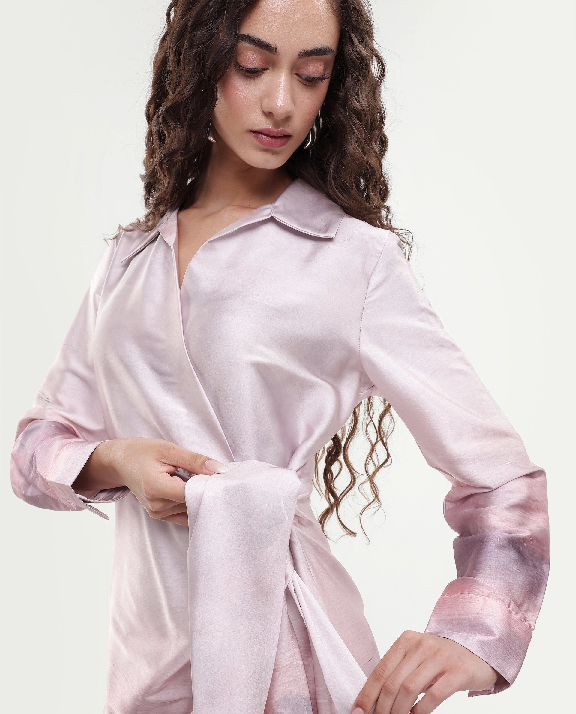 Rareism Women's Qert Dusky Multi Satin Johnny Collar Abstract Print Cuffed Sleeve Mini Straight Fit Dress