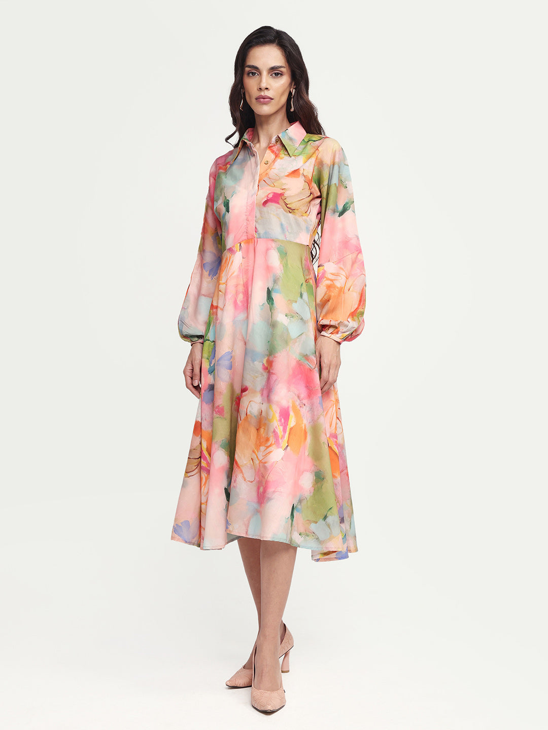 Rareism Women's Rhun Multi Polyester Blend Spread Collar Abstract Print Cuffed Sleeve Midi Fit And Flare Dress