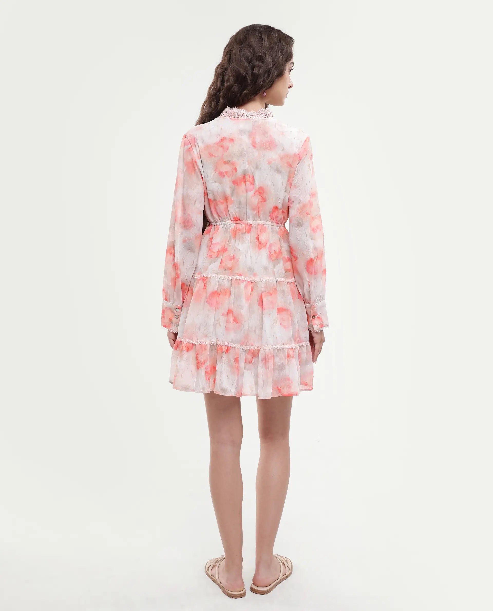 Rareism Women's Viver Off White Polyester Stand Collar Abstract Print Puff Sleeves Mini Fit And Flare Dress