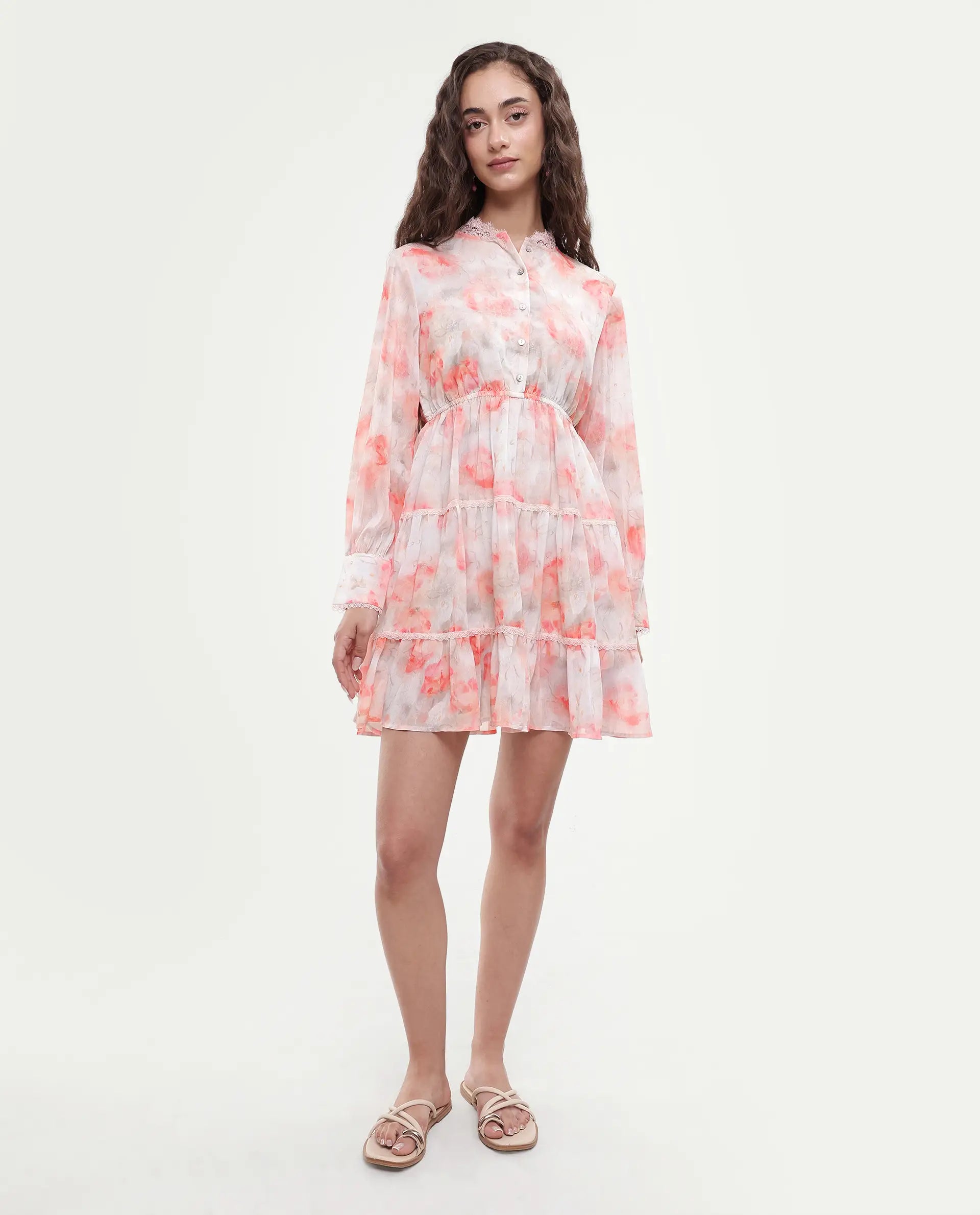 Rareism Women's Viver Off White Polyester Stand Collar Abstract Print Puff Sleeves Mini Fit And Flare Dress