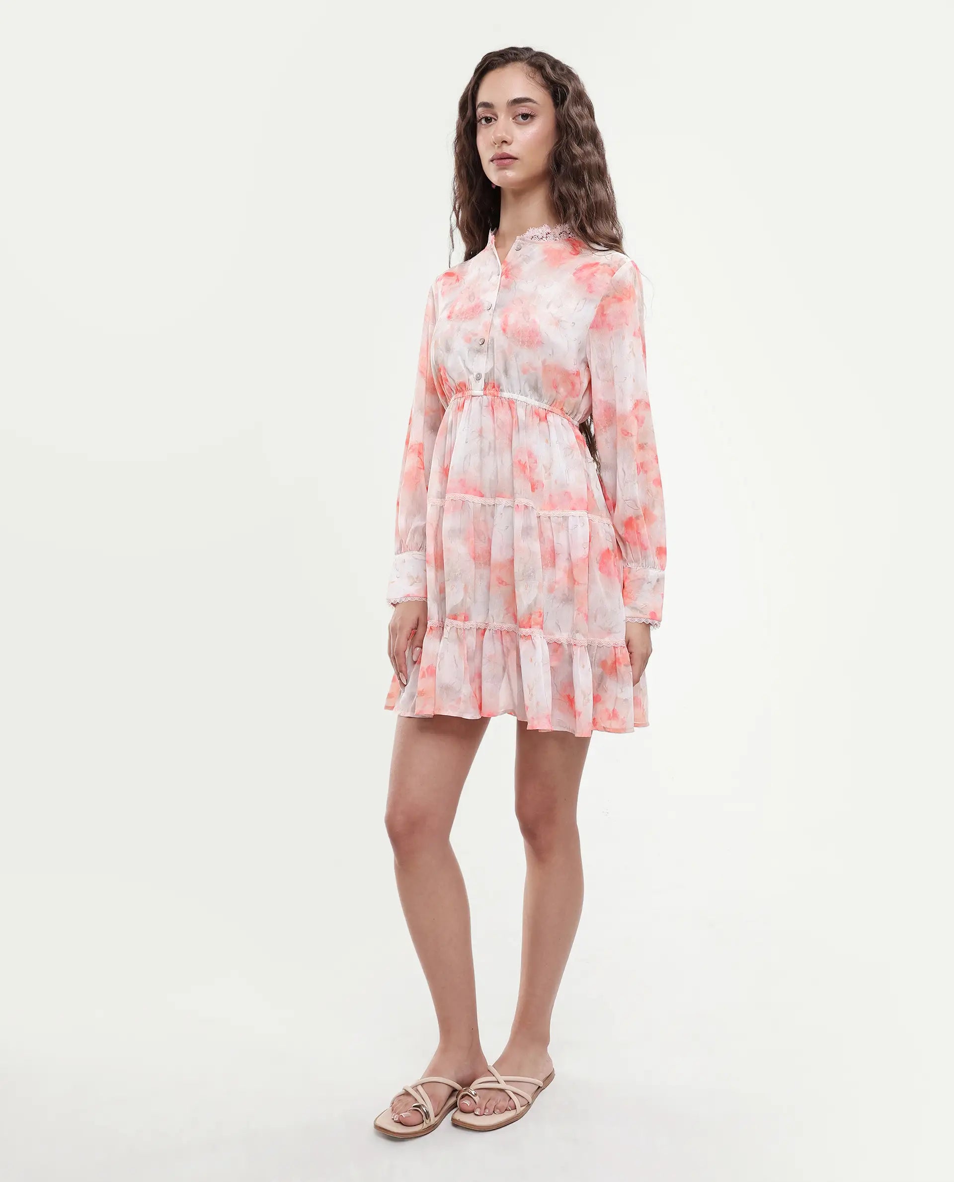 Rareism Women's Viver Off White Polyester Stand Collar Abstract Print Puff Sleeves Mini Fit And Flare Dress