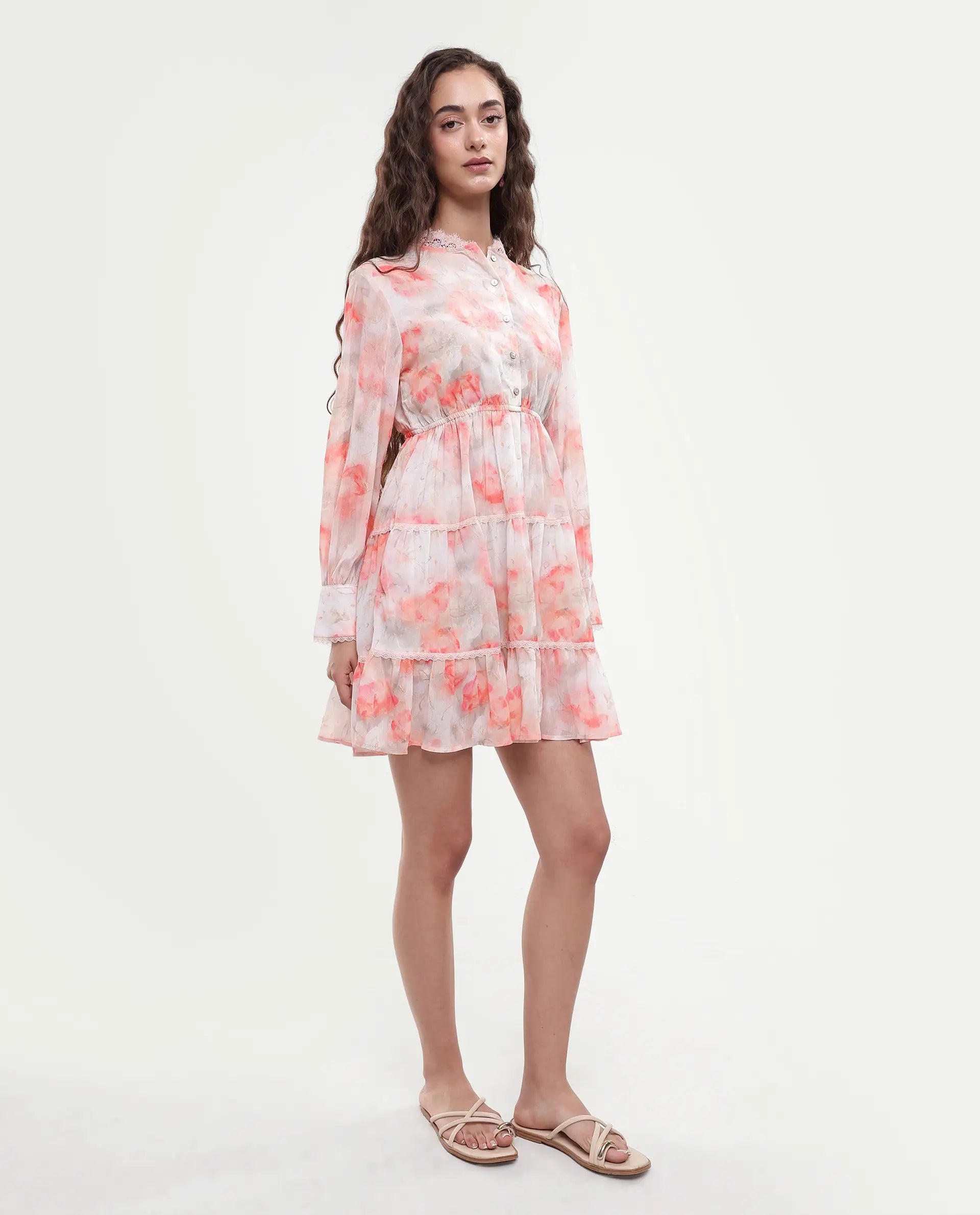 Rareism Women's Viver Off White Polyester Stand Collar Abstract Print Puff Sleeves Mini Fit And Flare Dress