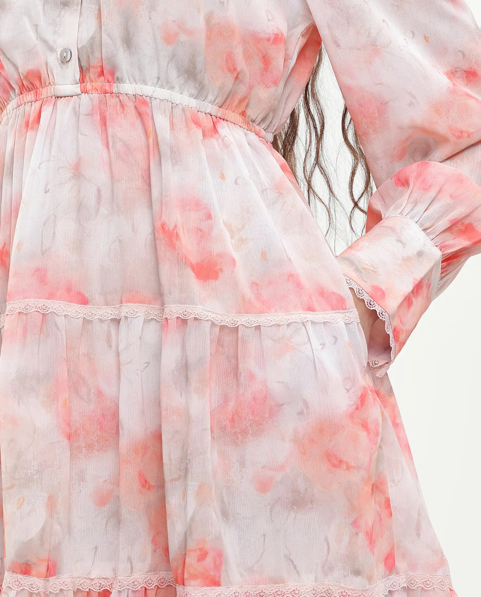 Rareism Women's Viver Off White Polyester Stand Collar Abstract Print Puff Sleeves Mini Fit And Flare Dress