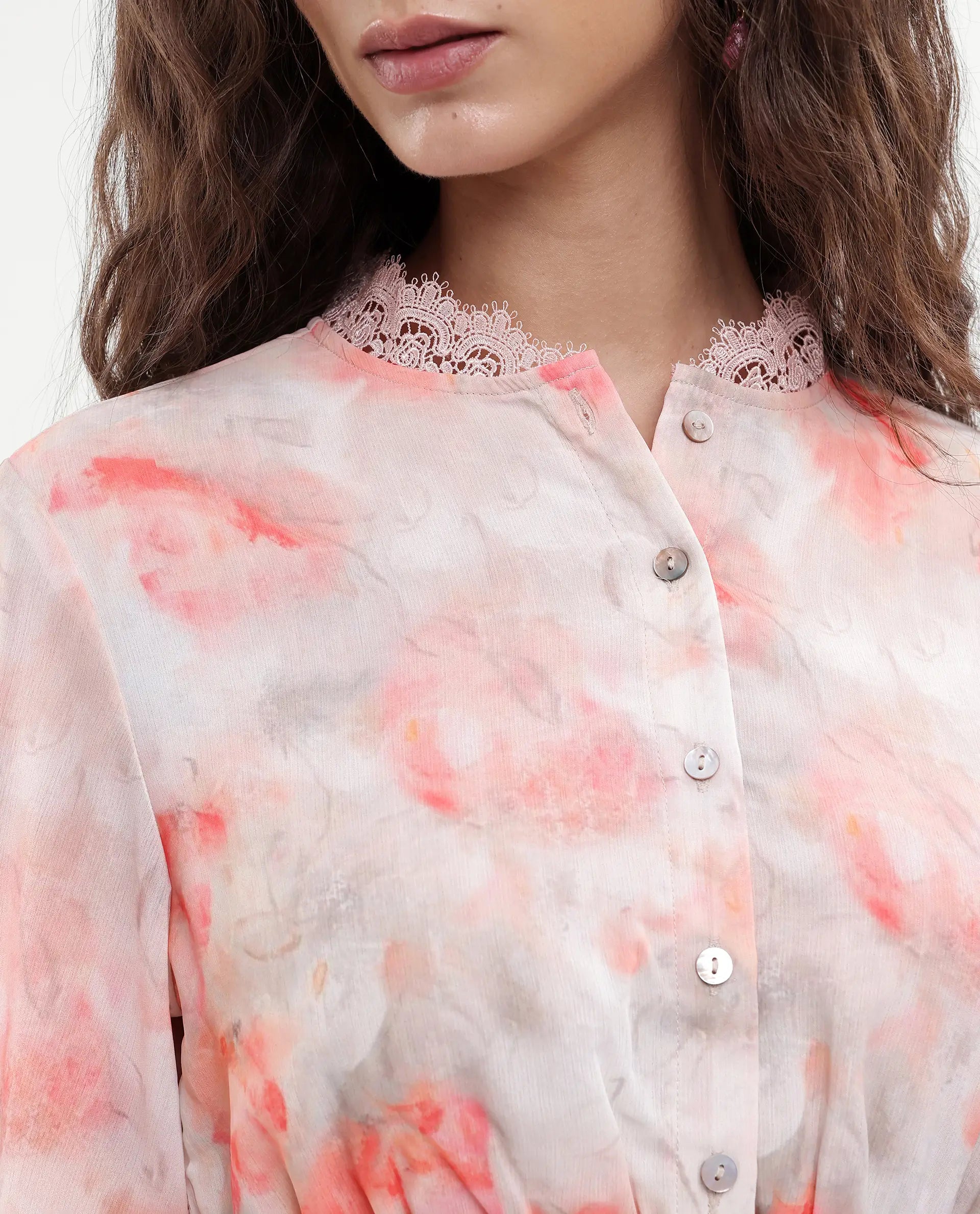 Rareism Women's Viver Off White Polyester Stand Collar Abstract Print Puff Sleeves Mini Fit And Flare Dress