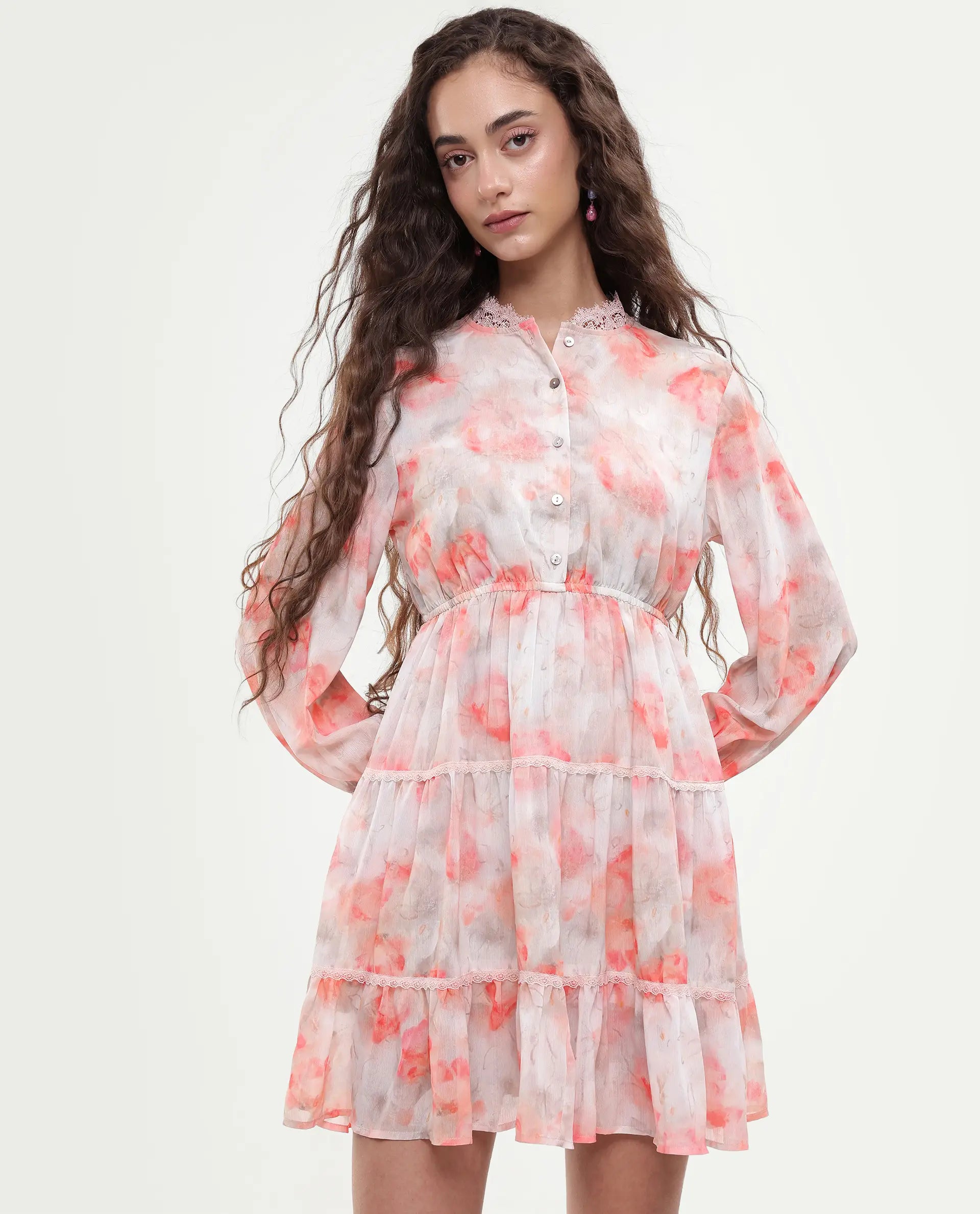 Rareism Women's Viver Off White Polyester Stand Collar Abstract Print Puff Sleeves Mini Fit And Flare Dress