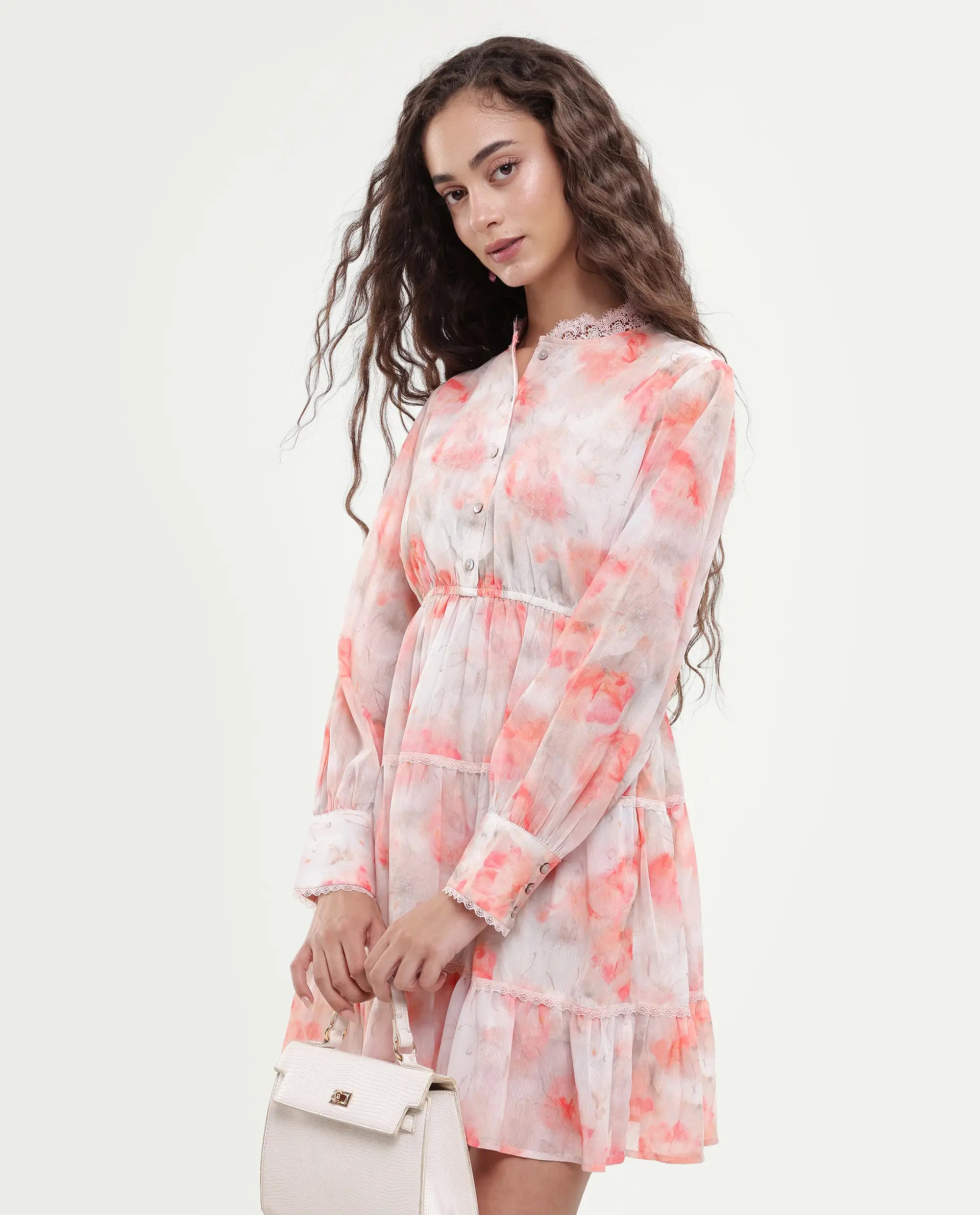 Rareism Women's Viver Off White Polyester Stand Collar Abstract Print Puff Sleeves Mini Fit And Flare Dress
