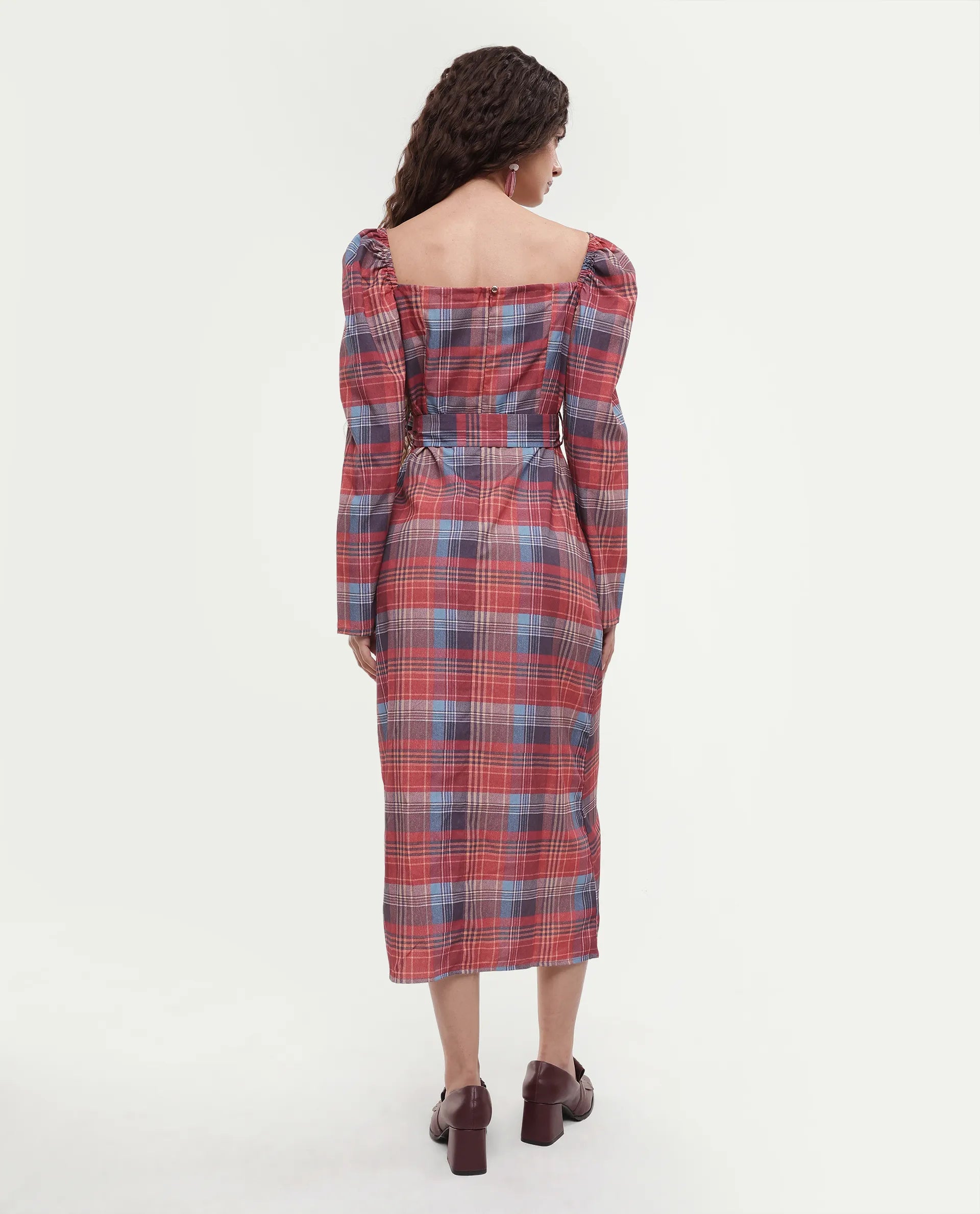 Rareism Women's Olappo Multi Polyester Blend Square Neck Checked Leg O Mutton Sleeve Midi Bodycon Dress