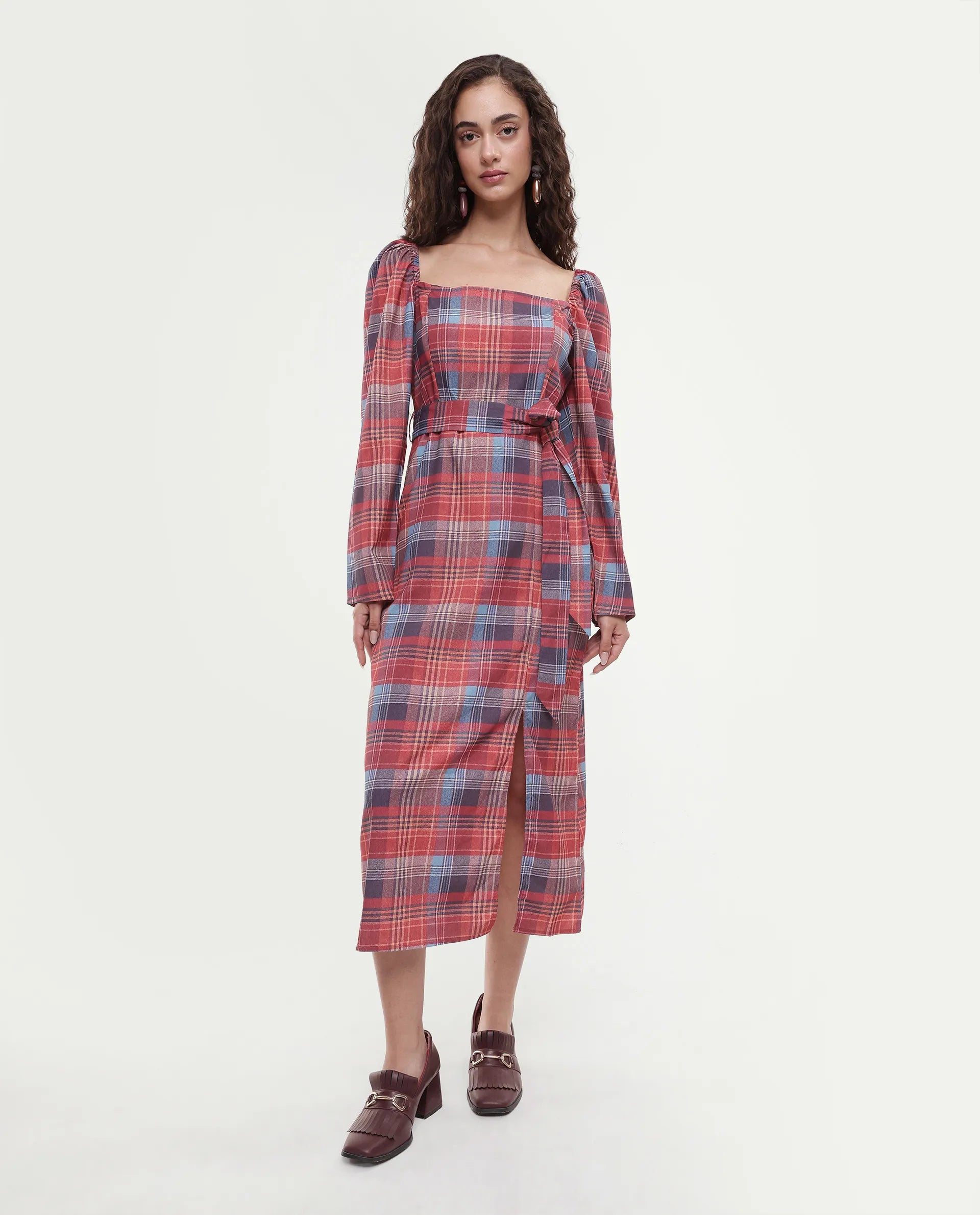 Rareism Women's Olappo Multi Polyester Blend Square Neck Checked Leg O Mutton Sleeve Midi Bodycon Dress