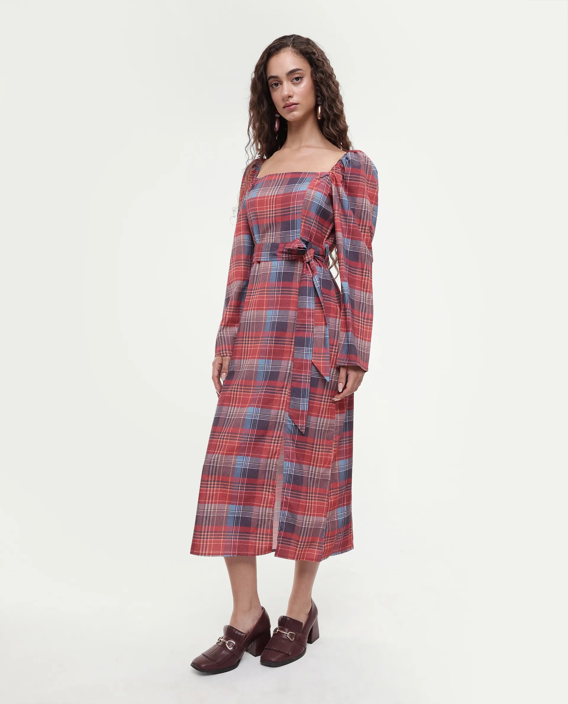 Rareism Women's Olappo Multi Polyester Blend Square Neck Checked Leg O Mutton Sleeve Midi Bodycon Dress