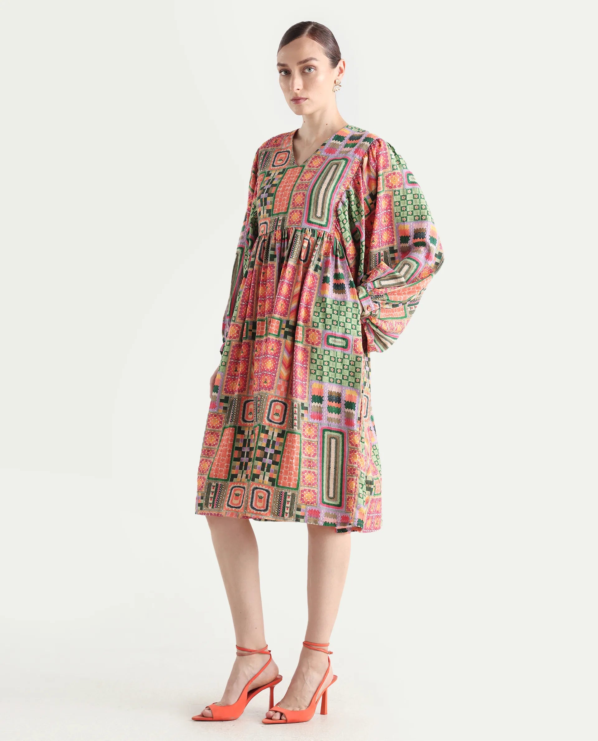 Rareism Women's Sweg Multi Polyester Blend V-Neck Abstract Print Bishop Sleeve Midi Flared Dress