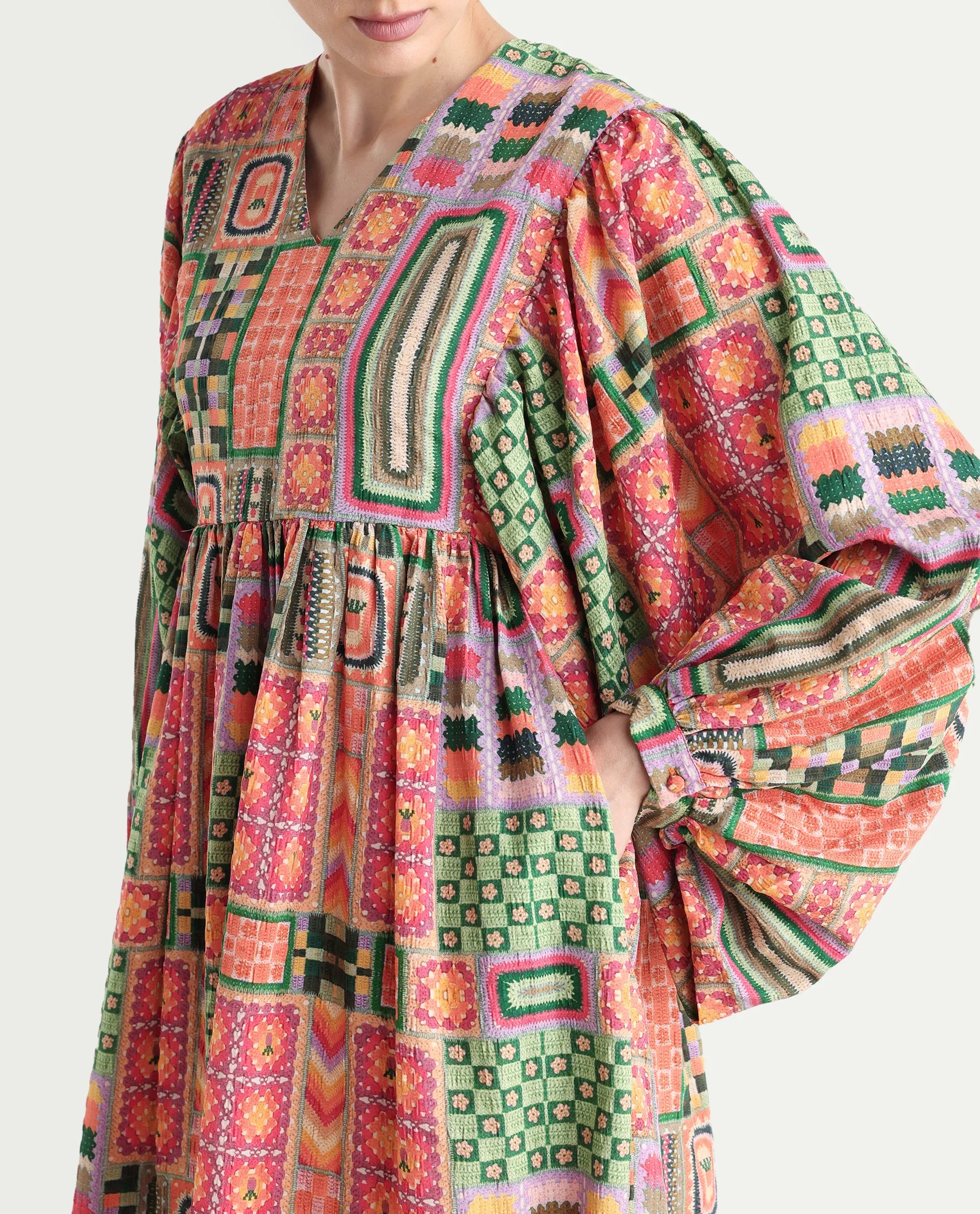 Rareism Women's Sweg Multi Polyester Blend V-Neck Abstract Print Bishop Sleeve Midi Flared Dress