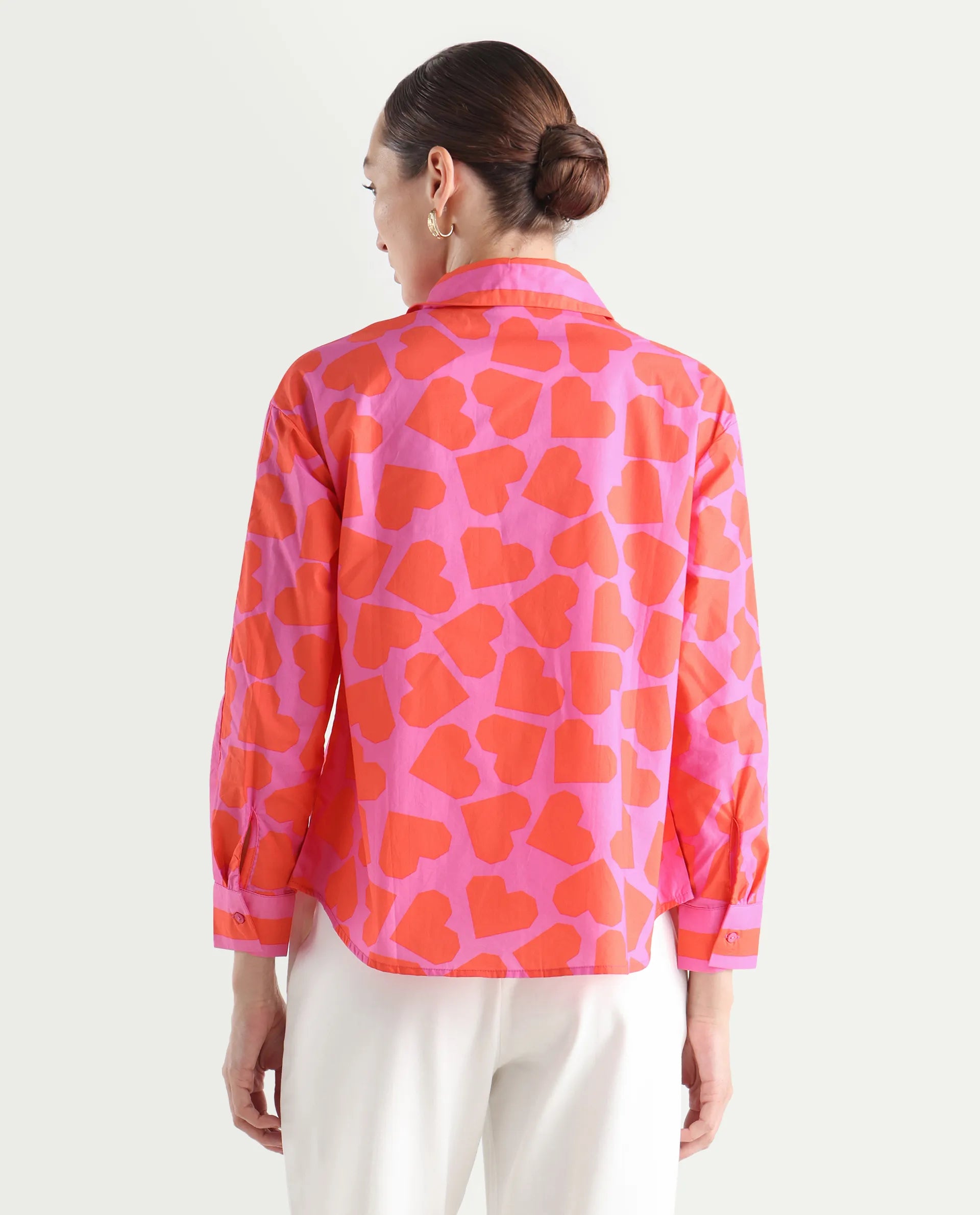 Rareism Women's Xuewr Red Cotton Drop Collar Striped Cuffed Sleeve Boxy Fit Shirt