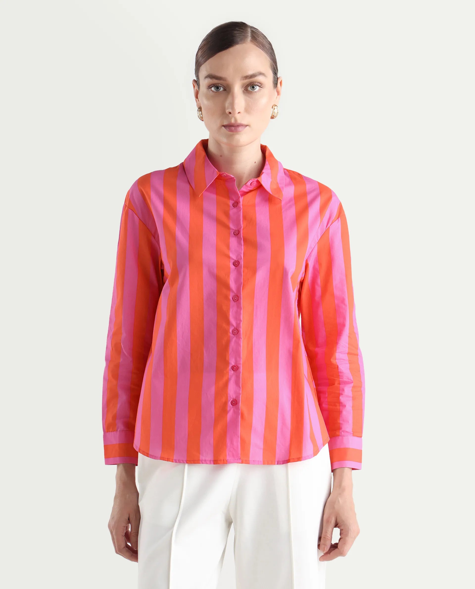Rareism Women's Xuewr Red Cotton Drop Collar Striped Cuffed Sleeve Boxy Fit Shirt