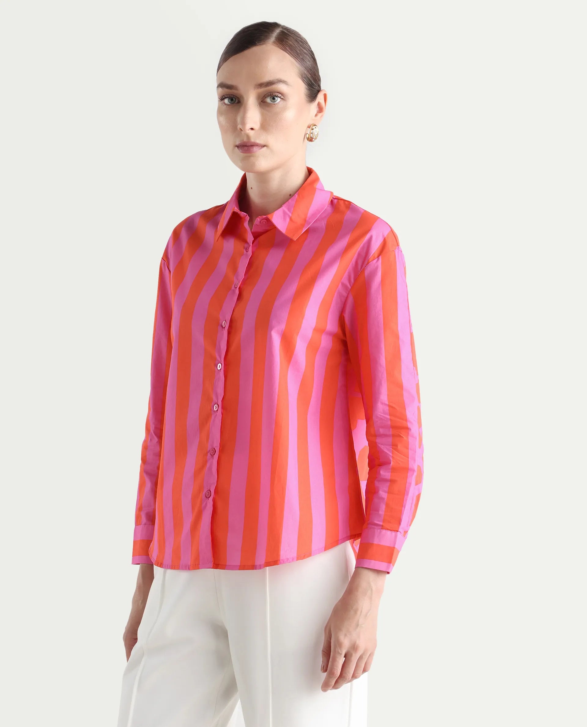 Rareism Women's Xuewr Red Cotton Drop Collar Striped Cuffed Sleeve Boxy Fit Shirt