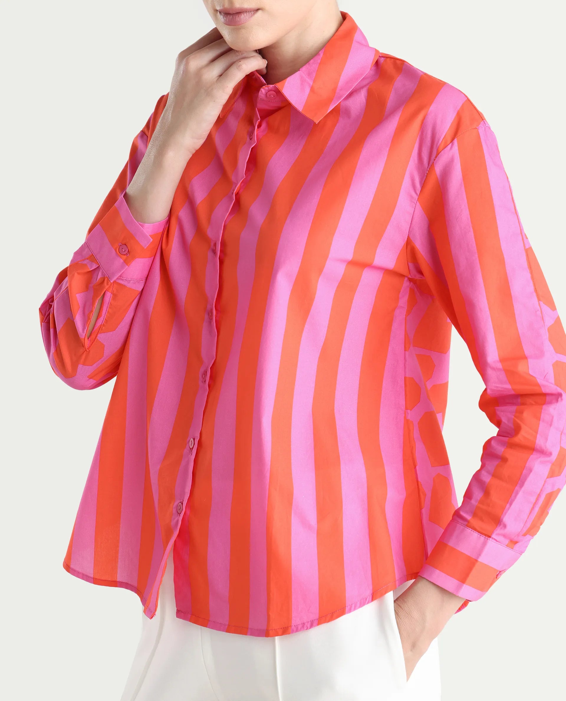 Rareism Women's Xuewr Red Cotton Drop Collar Striped Cuffed Sleeve Boxy Fit Shirt