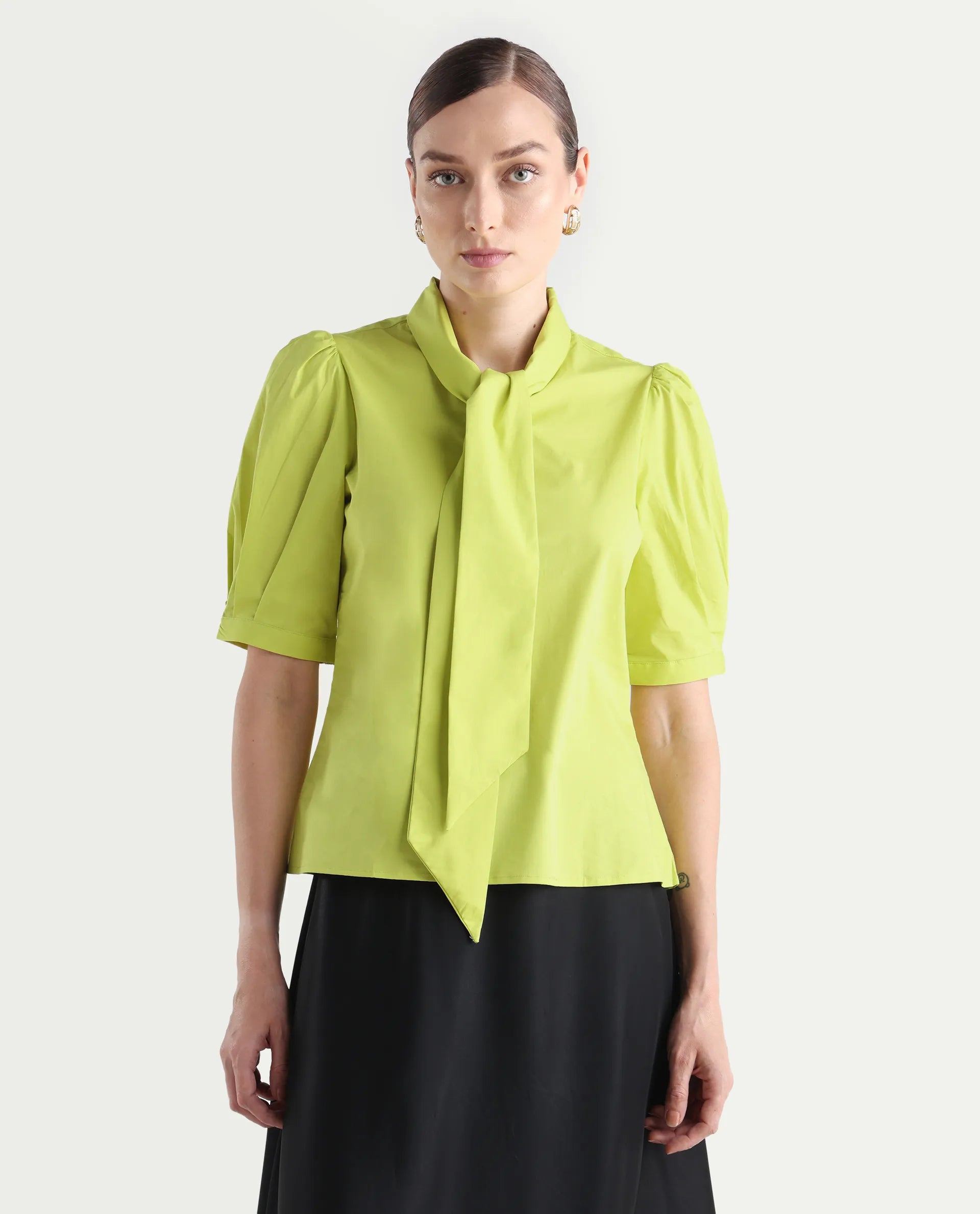 Rareism Women's Kirv Green Cotton Blend Tie-Up Neck Plain Bishop Sleeve Regular Fit Top