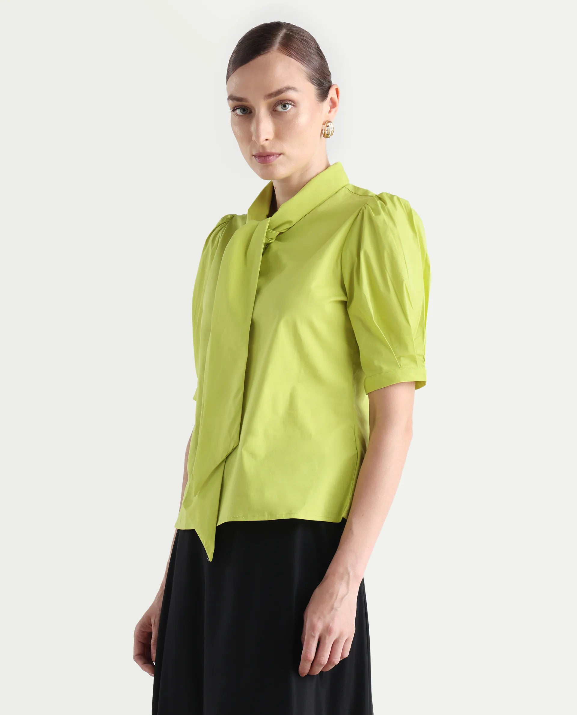 Rareism Women's Kirv Green Cotton Blend Tie-Up Neck Plain Bishop Sleeve Regular Fit Top