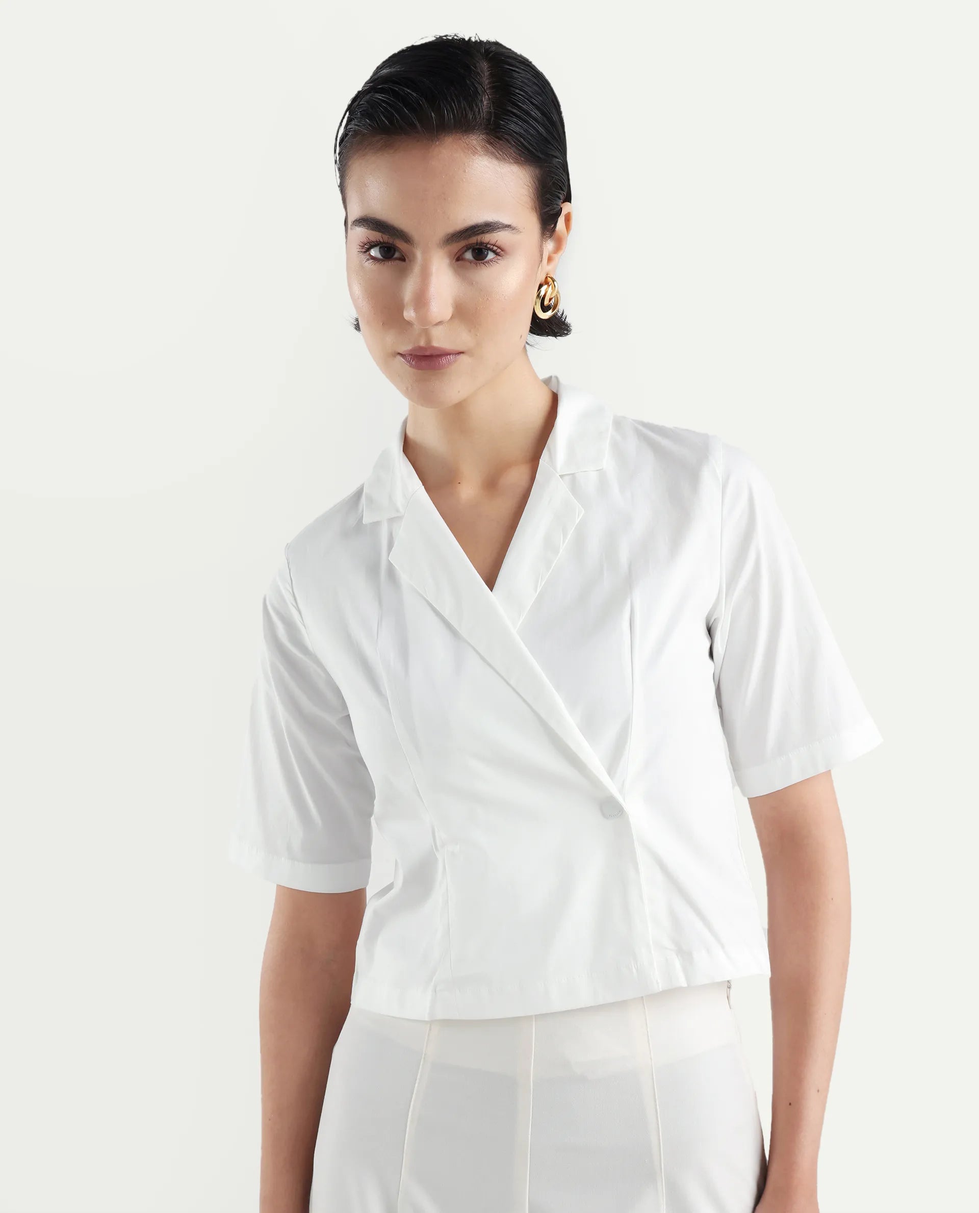 Rareism Women's Seui White Cotton Blend Lapel Neck Plain Crop Boxy Fit Top