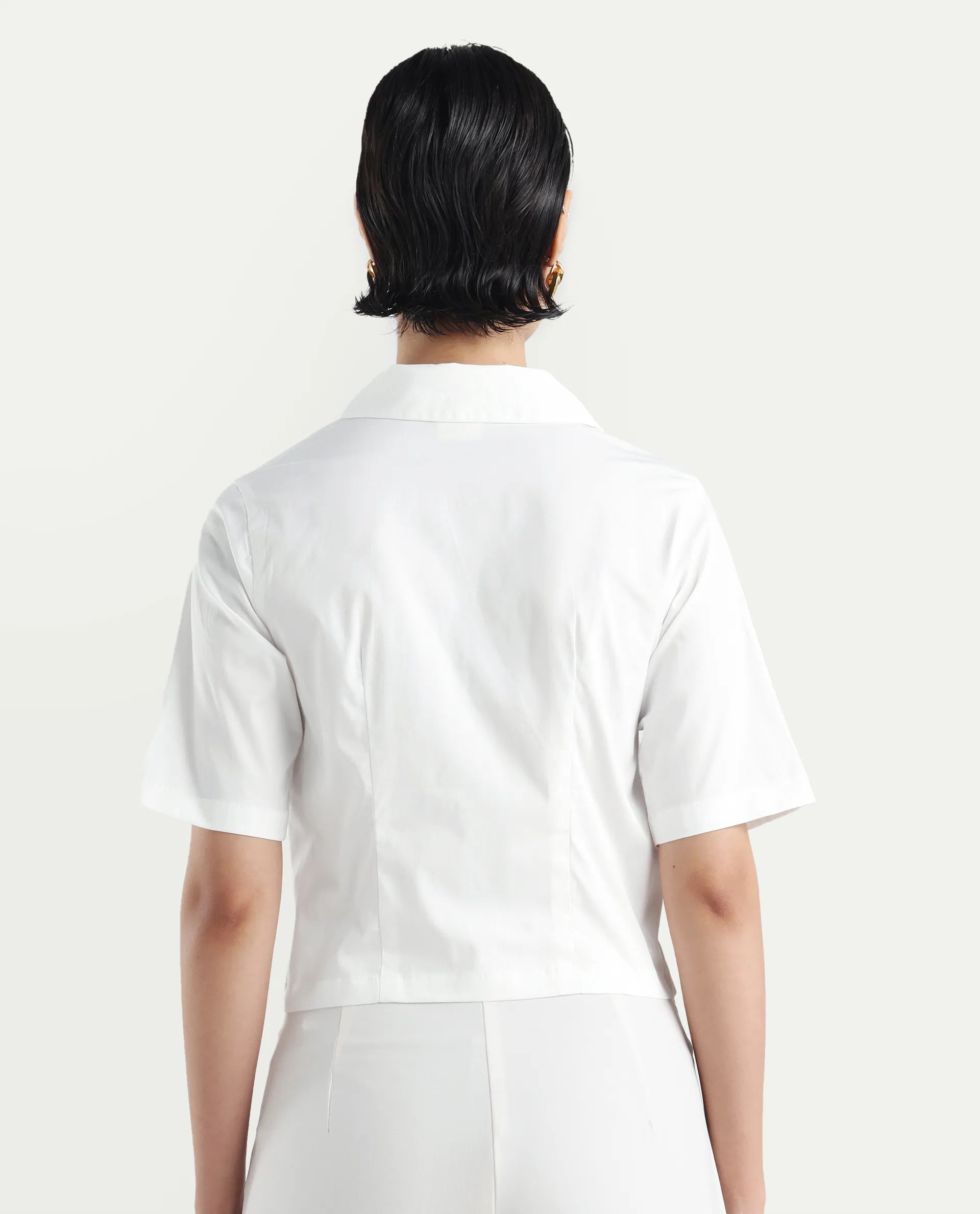 Rareism Women's Seui White Cotton Blend Lapel Neck Plain Crop Boxy Fit Top