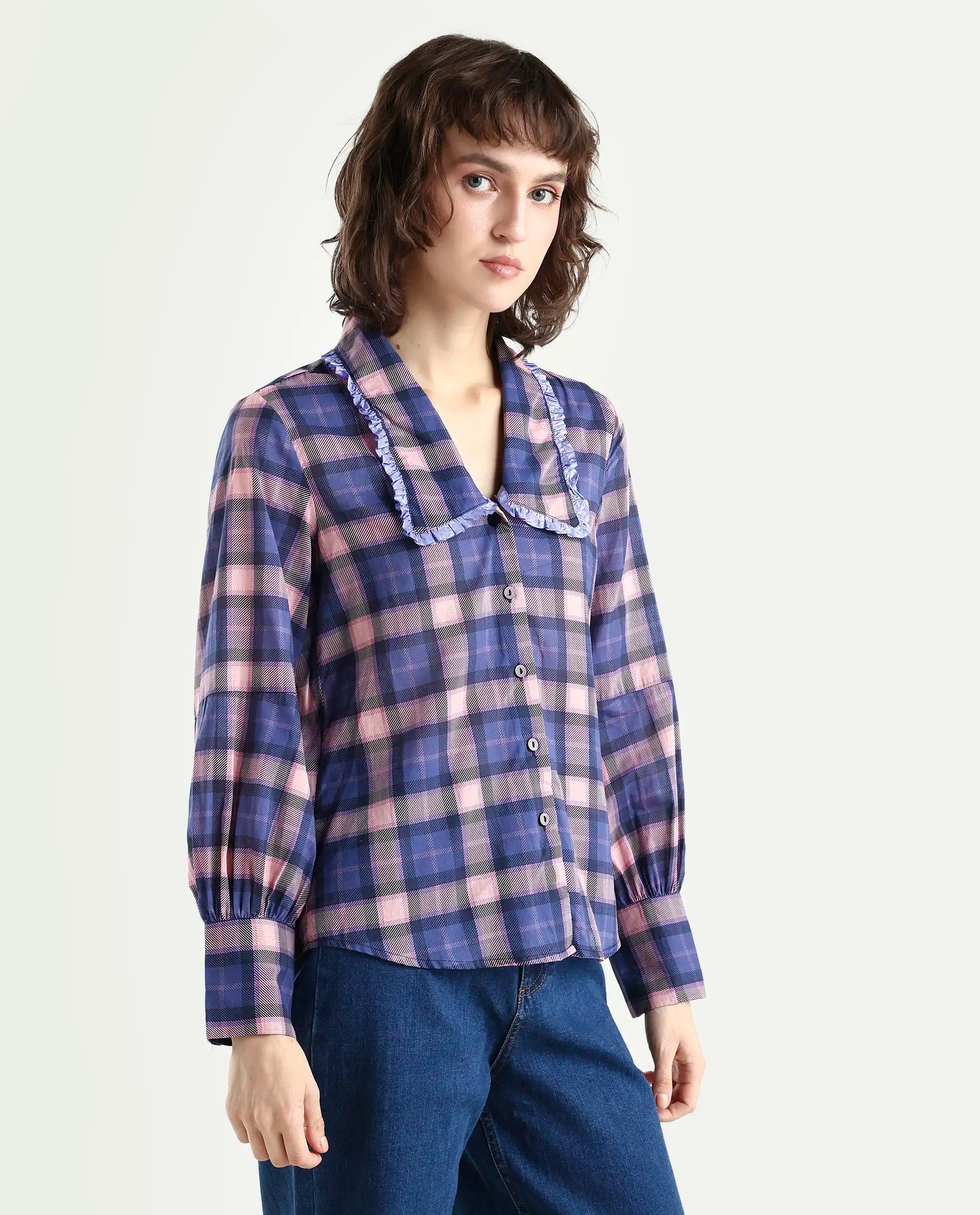 Rareism Women's Shellbuto Purple Cotton Chelea Collar Flannel Print Volume Sleeve Relaxed Fit Top