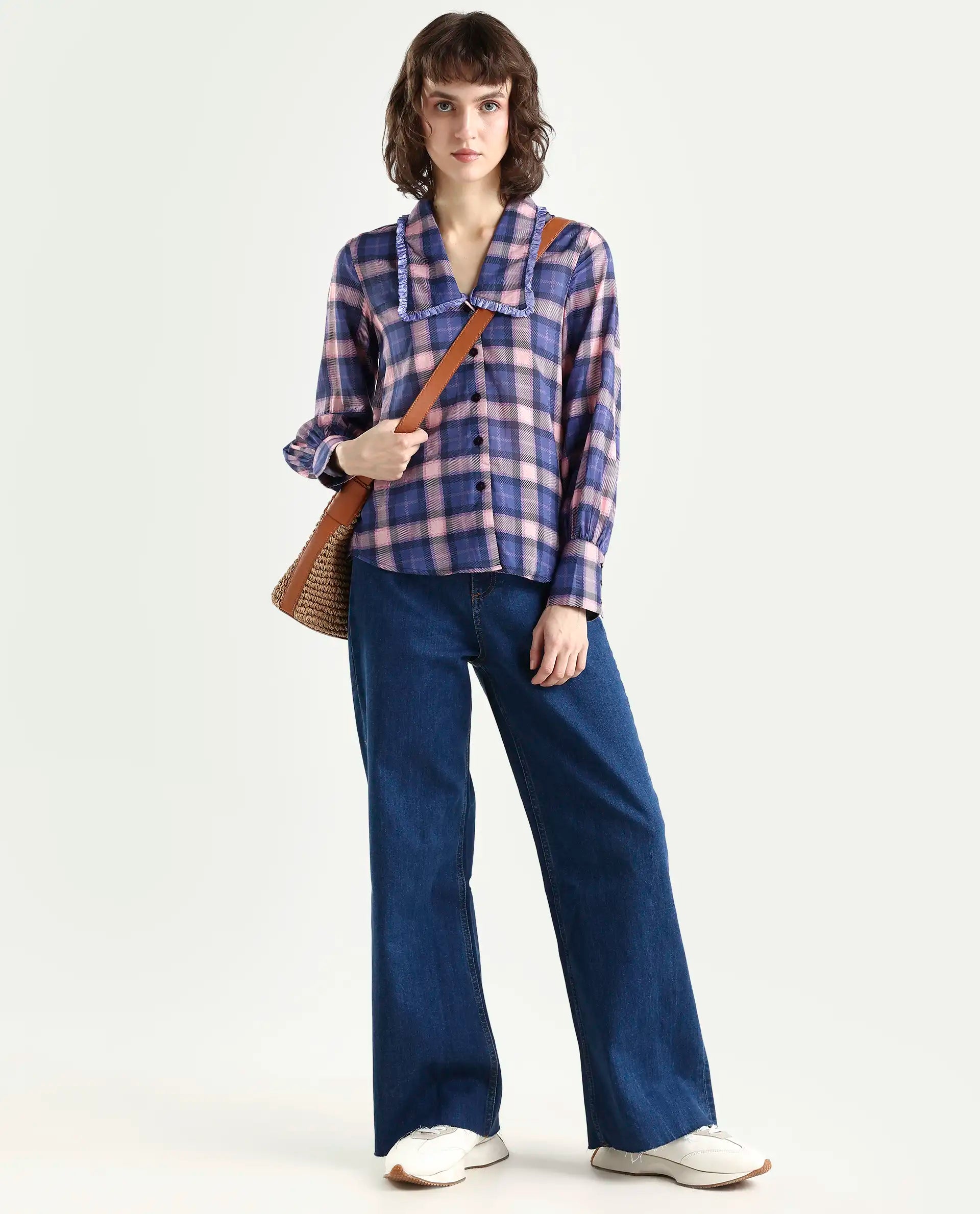 Rareism Women's Shellbuto Purple Cotton Chelea Collar Flannel Print Volume Sleeve Relaxed Fit Top
