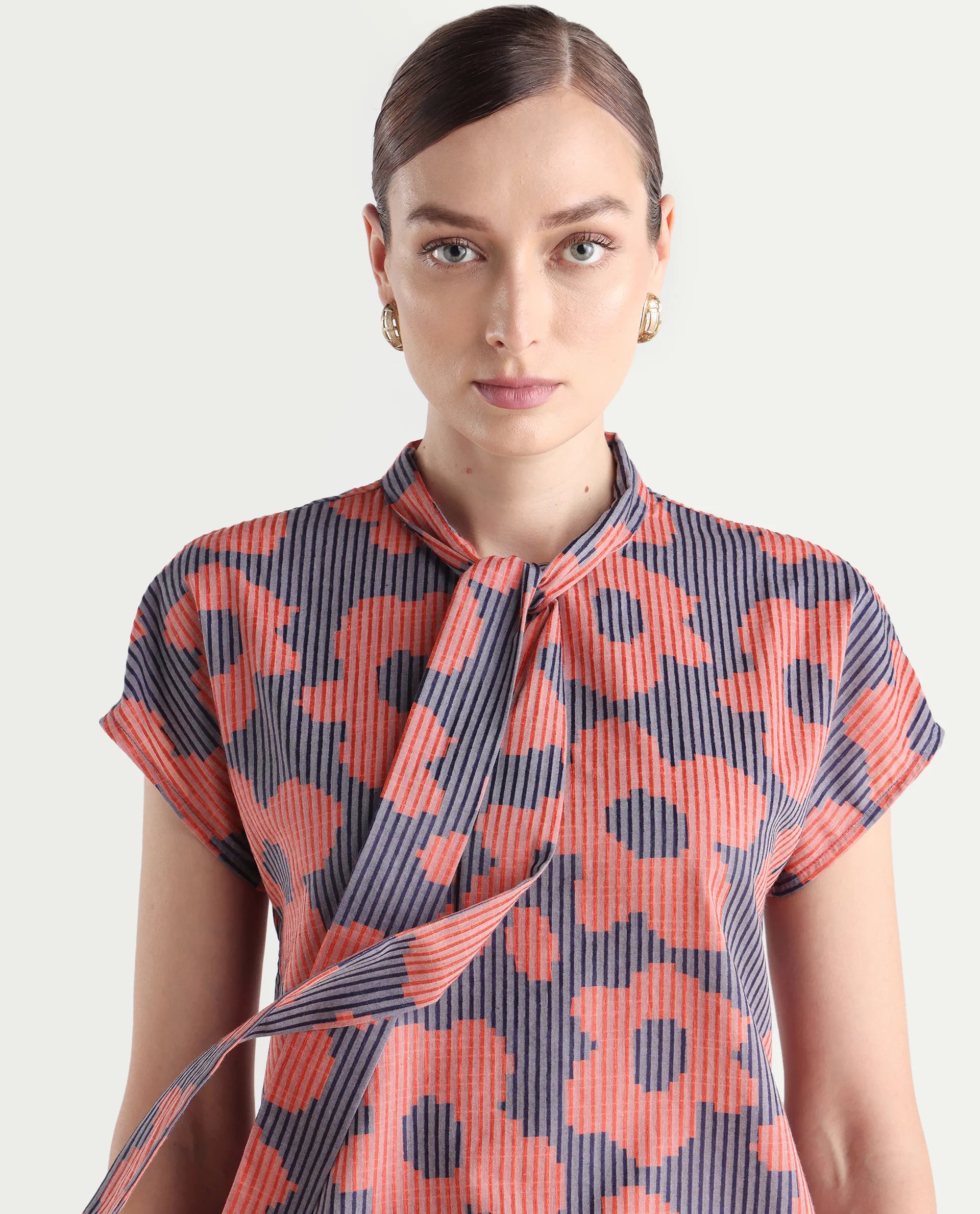 Rareism Women's Ioplom Purple Polyester Blend Tie-Up Neck Flannel Print Extended Sleeves Regular Fit Top