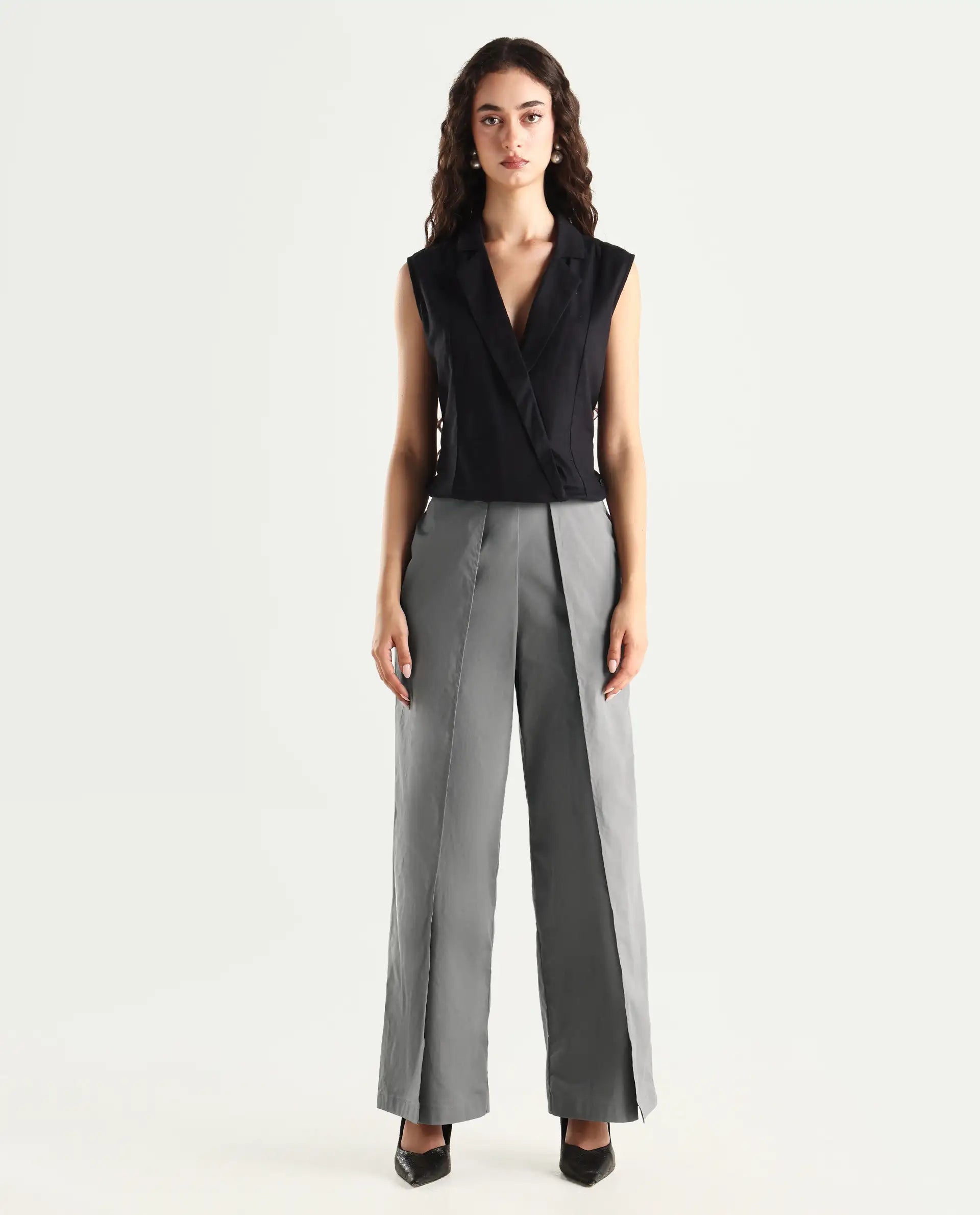 Rareism Women's Oipi Grey Cotton Blend Plain Ankle Length Wide Trouser