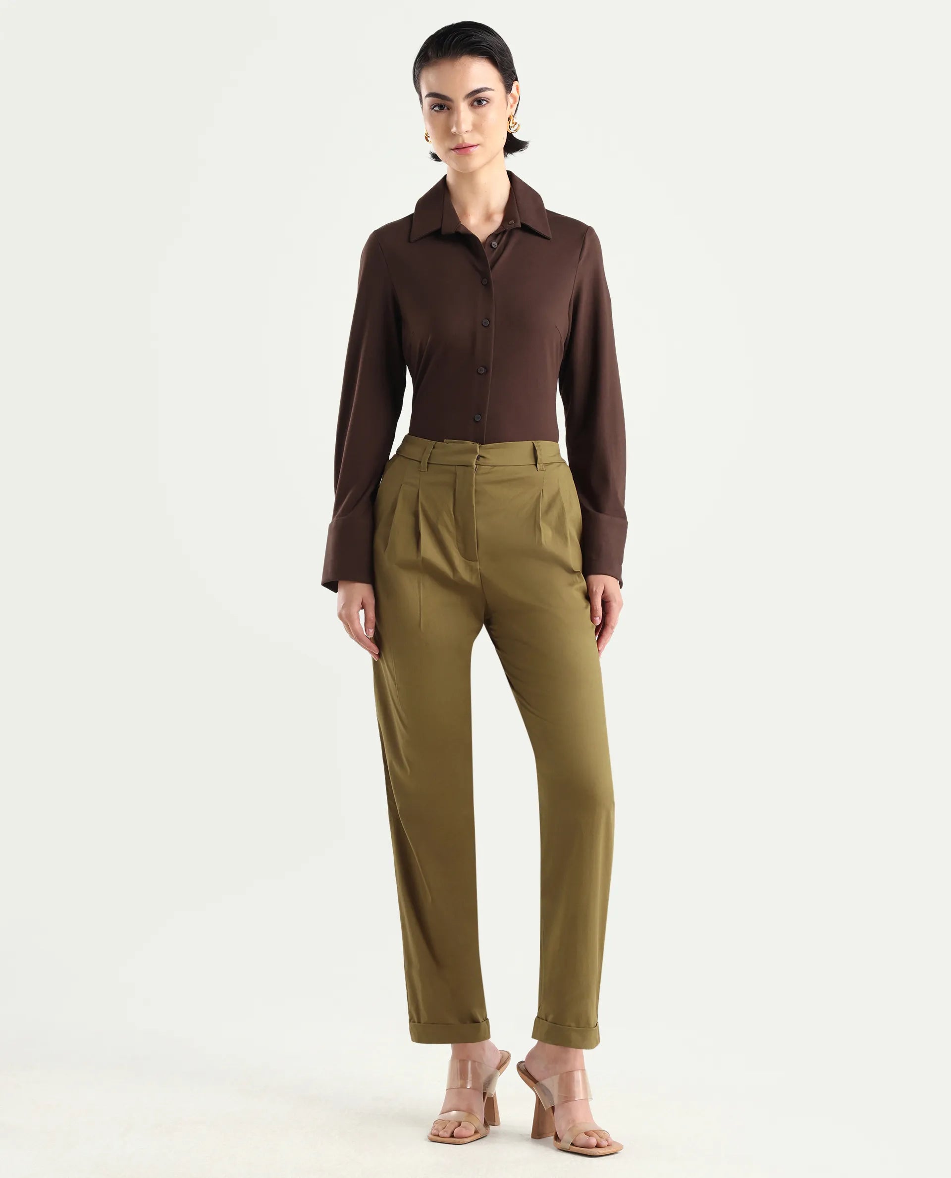 Rareism Women's Ruvz Olive Cotton Blend Plain Ankle Length Straight Fit Trouser