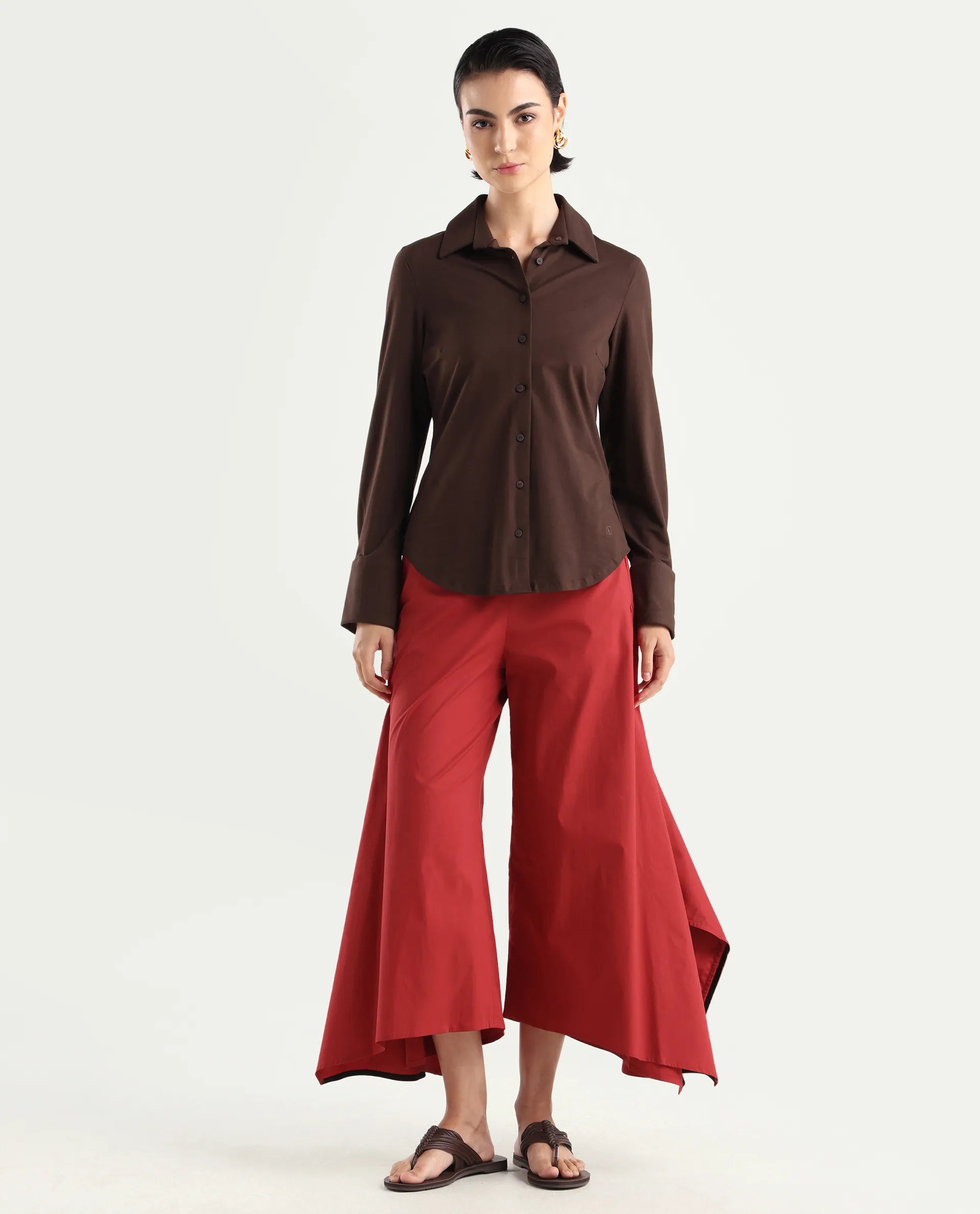 Rareism Women's Filom Red Cotton Blend Plain Ankle Length Flared Trouser
