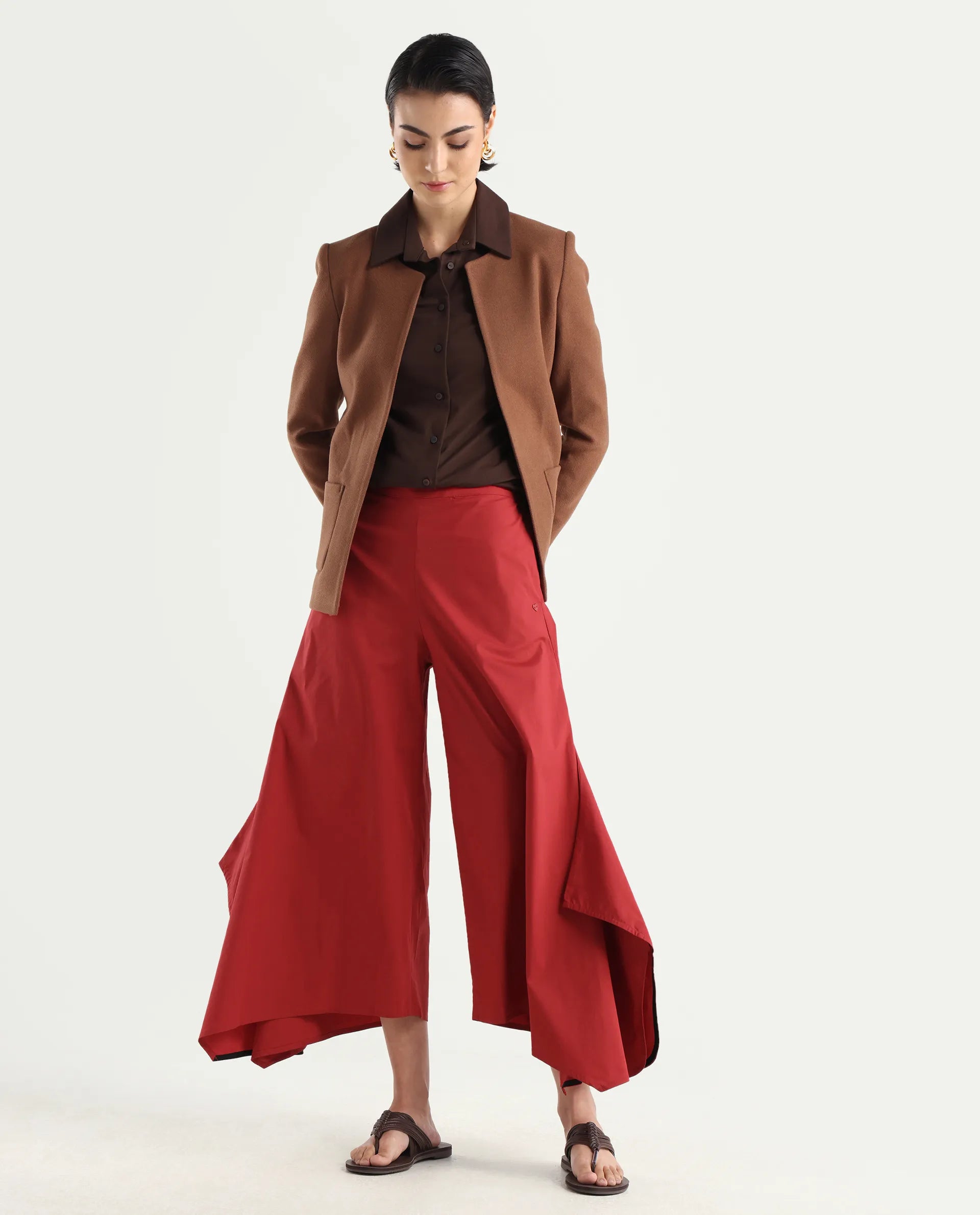 Rareism Women's Filom Red Cotton Blend Plain Ankle Length Flared Trouser