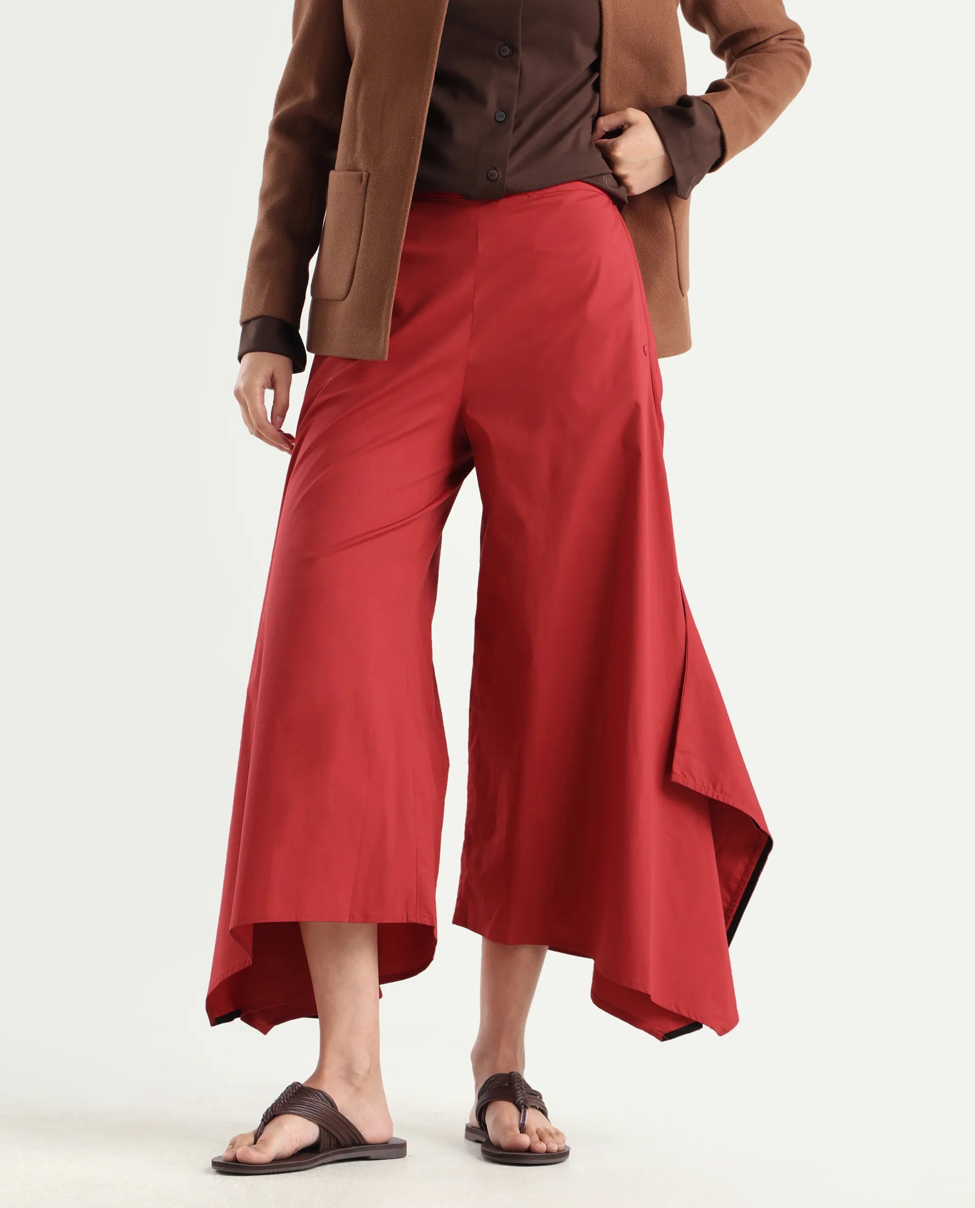 Rareism Women's Filom Red Cotton Blend Plain Ankle Length Flared Trouser