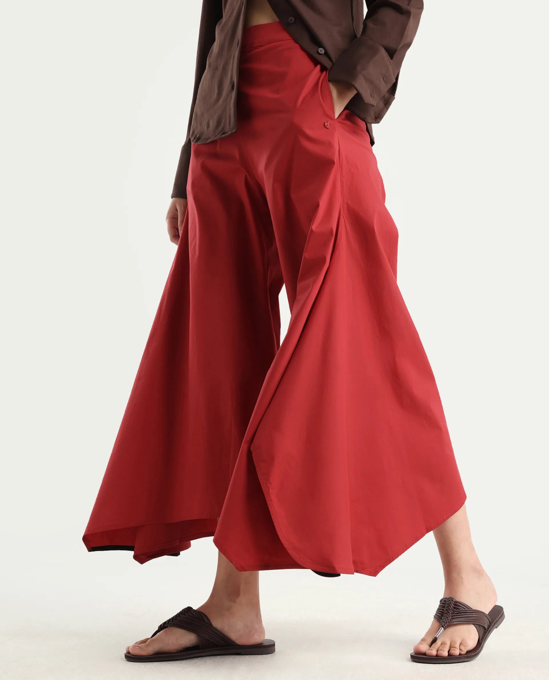 Rareism Women's Filom Red Cotton Blend Plain Ankle Length Flared Trouser