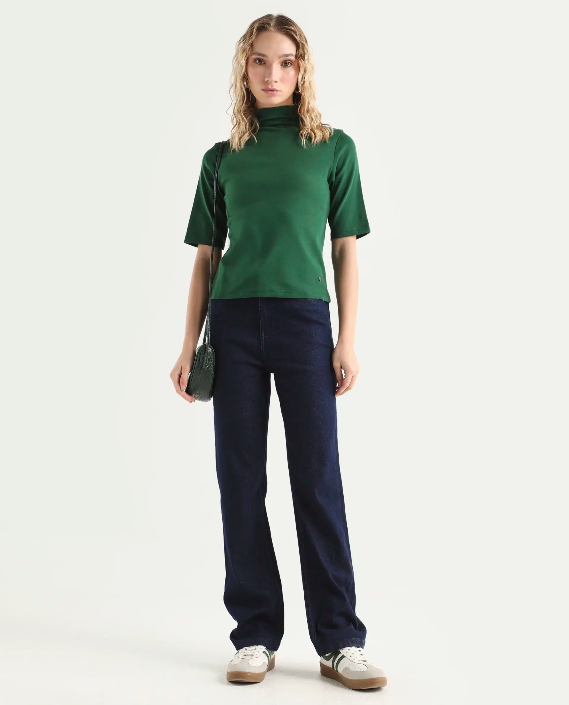 Rareism Women's Rohdrio Dark Green Cotton Blend High Neck Plain Regular Fit Top