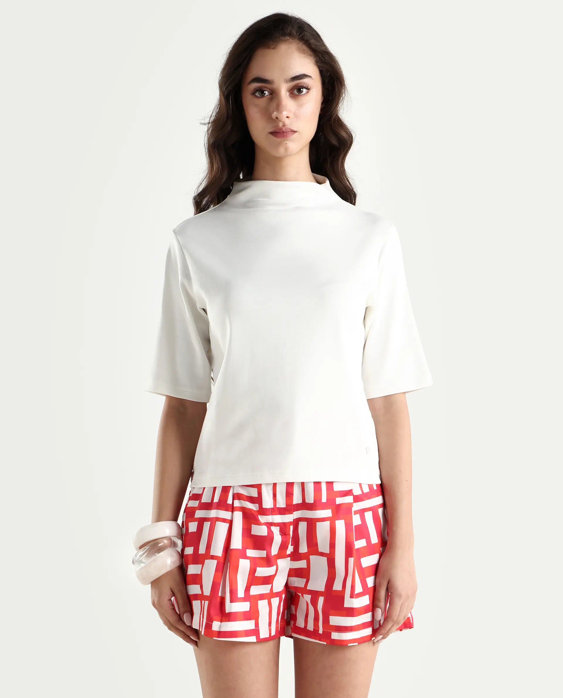 Rareism Women's Rohdrio Off White Cotton Blend High Neck Plain Regular Fit Top
