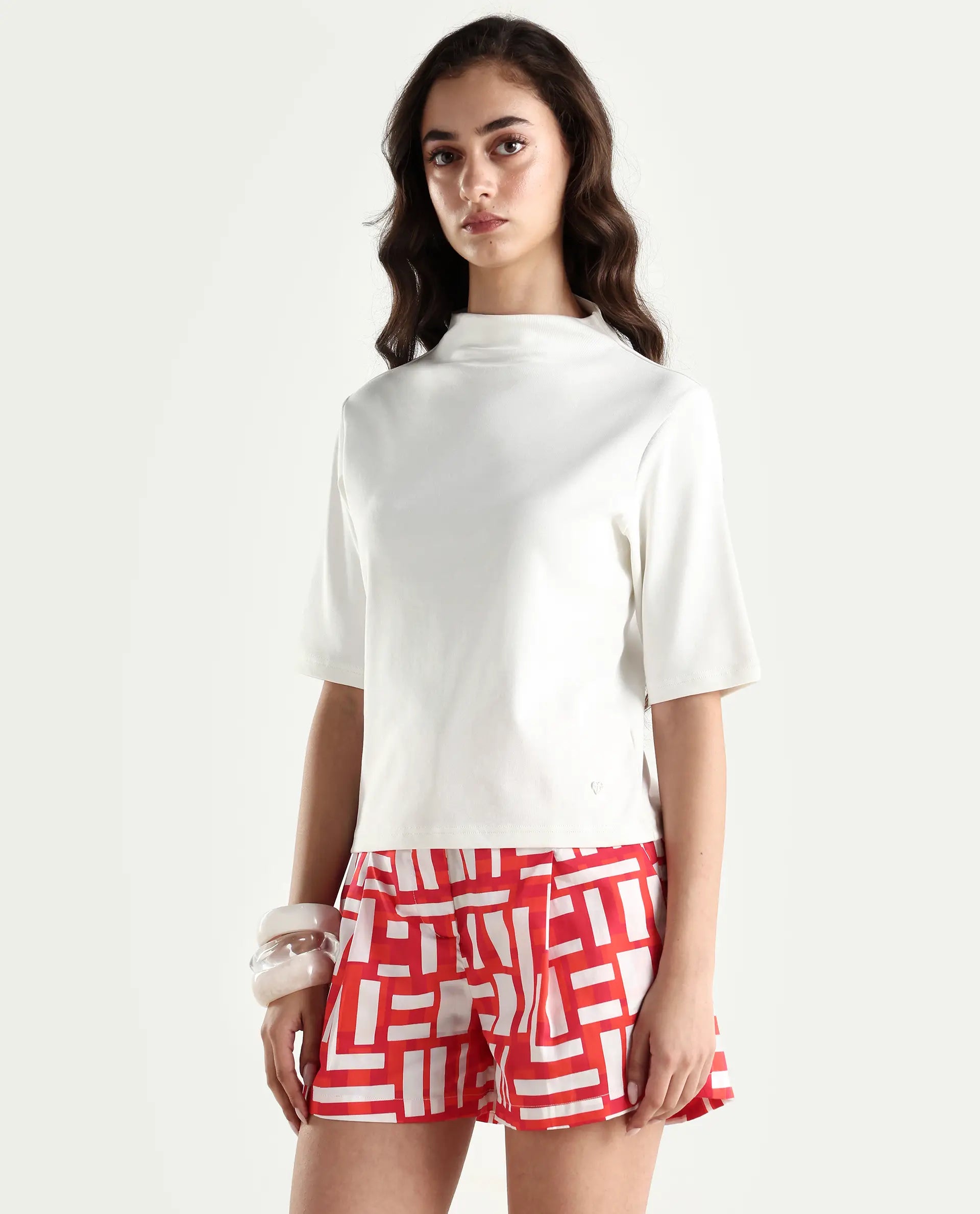 Rareism Women's Rohdrio Off White Cotton Blend High Neck Plain Regular Fit Top