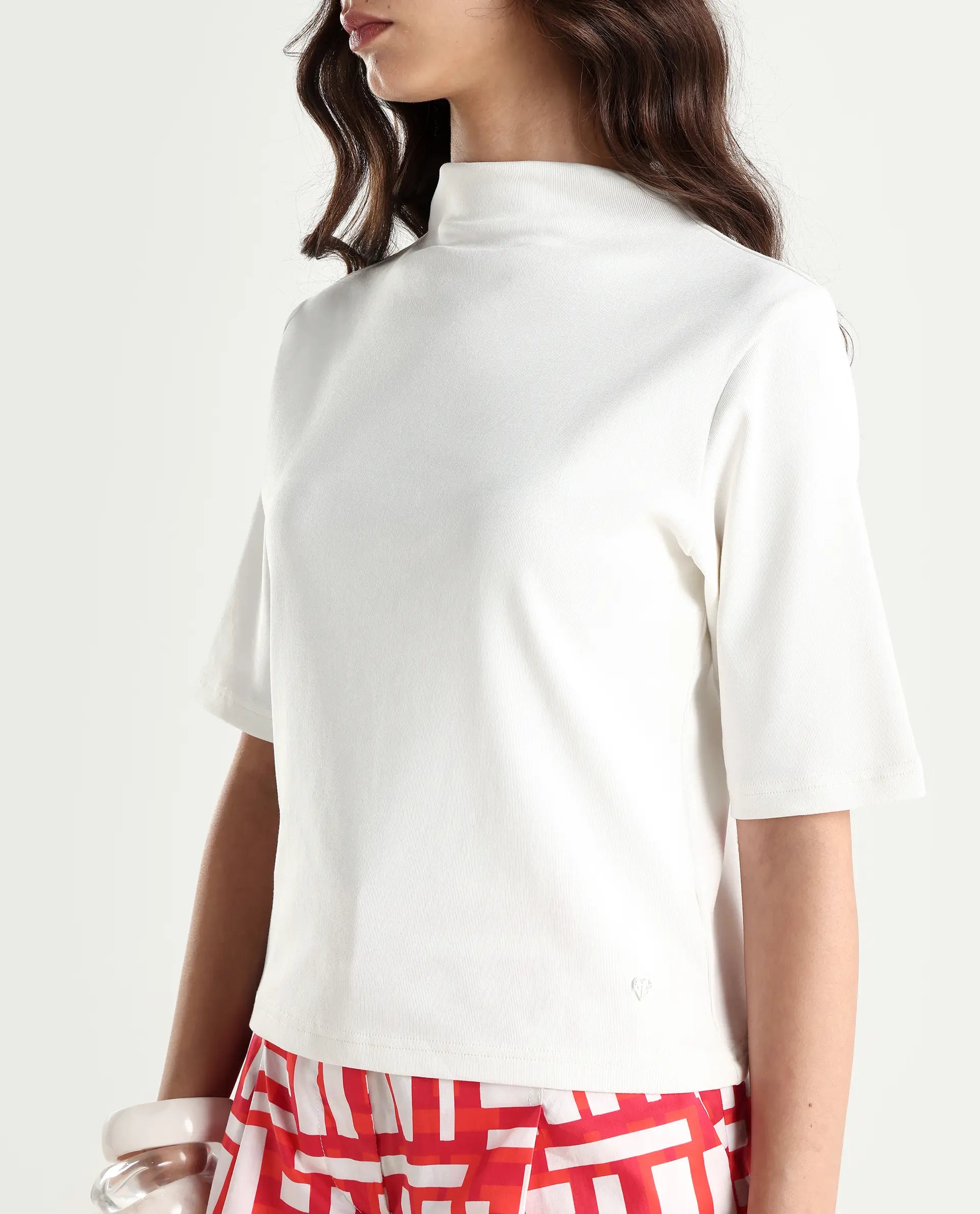 Rareism Women's Rohdrio Off White Cotton Blend High Neck Plain Regular Fit Top