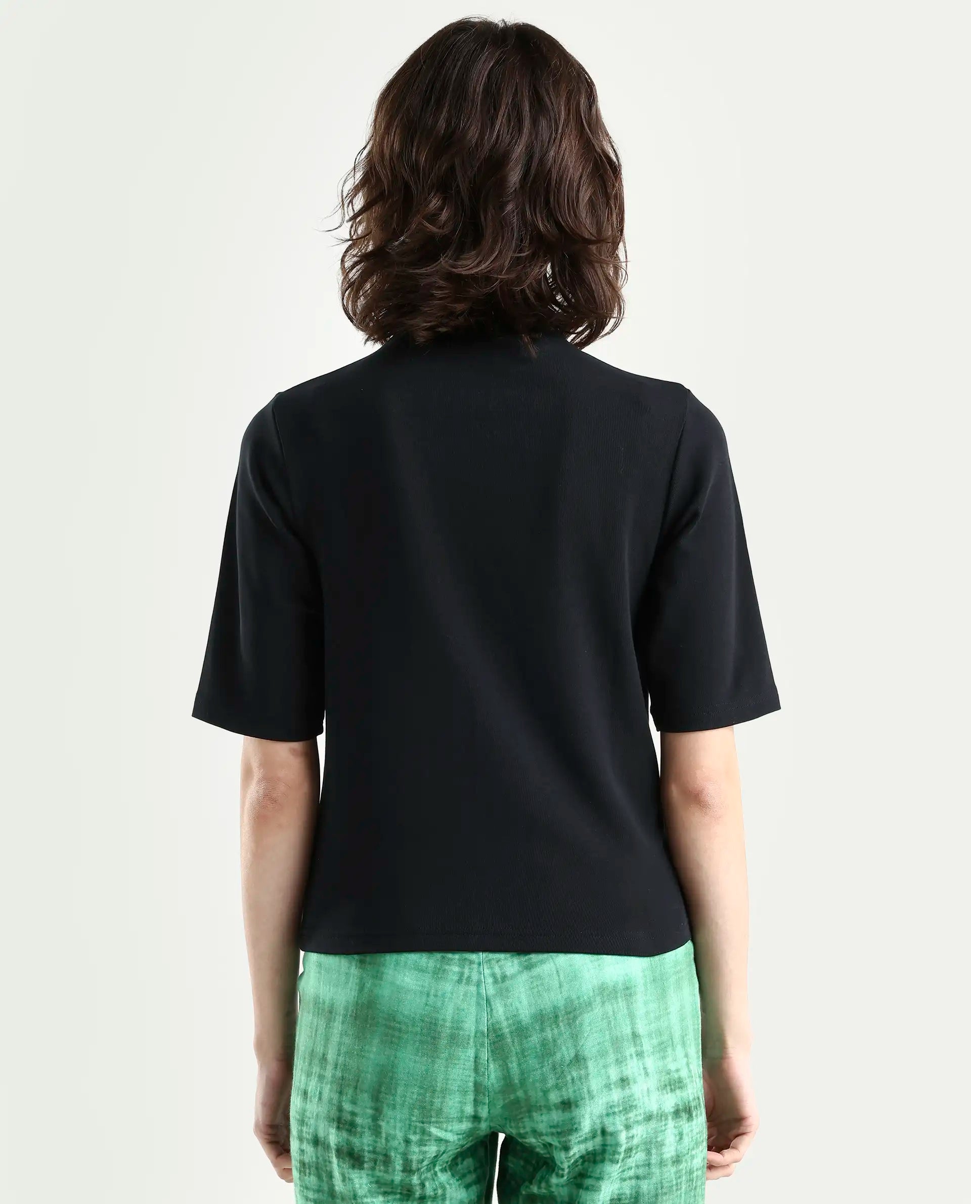 Rareism Women's Rohdrio Black Cotton Blend High Neck Plain Regular Fit Top