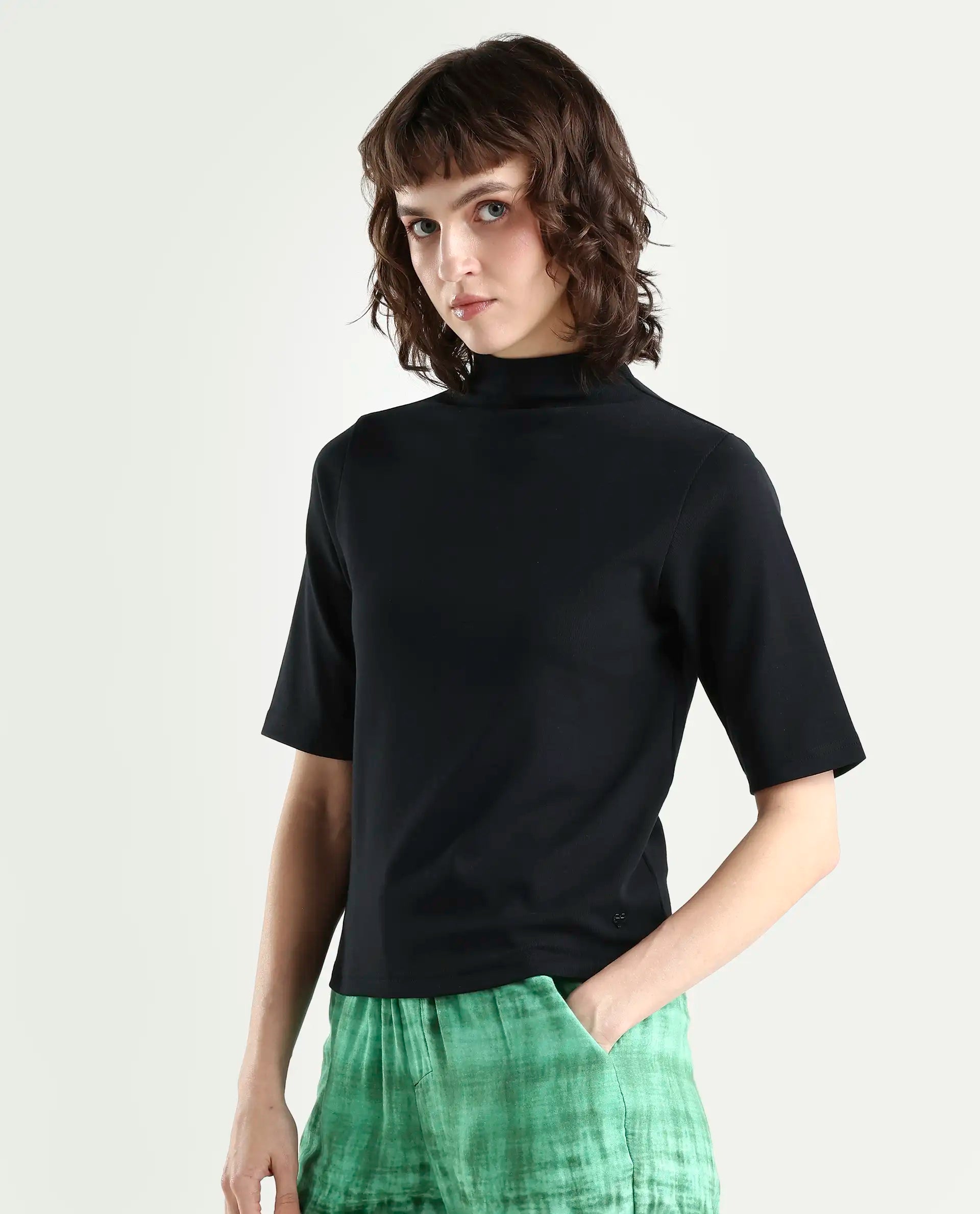 Rareism Women's Rohdrio Black Cotton Blend High Neck Plain Regular Fit Top